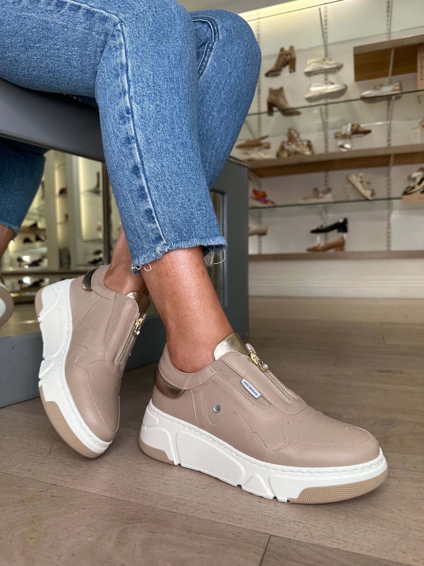Marco Moreo - Stacy Taupe Leather Trainer With Rose Gold Trim