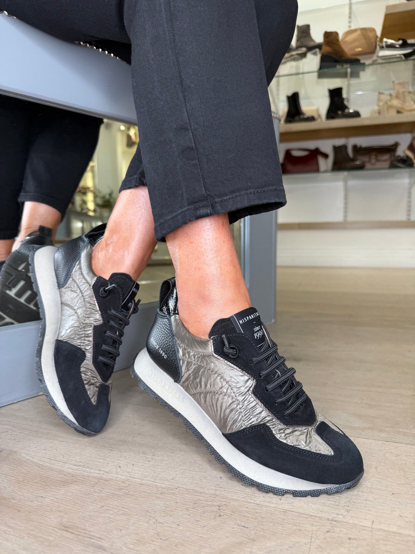 Hispanitas - Black Suede/ Taupe Padded Fabric Mix Pull On Trainer