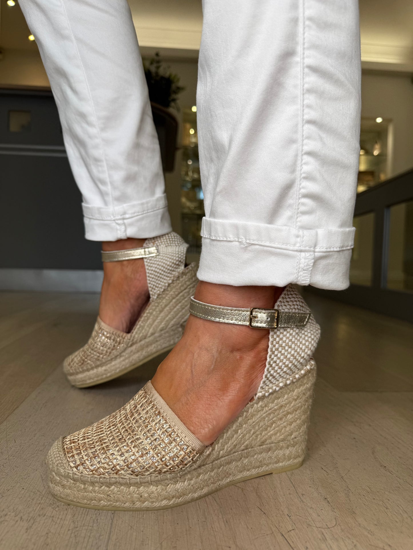 Viguera - Gold Mix Espadrille Closed Toe High Wedge