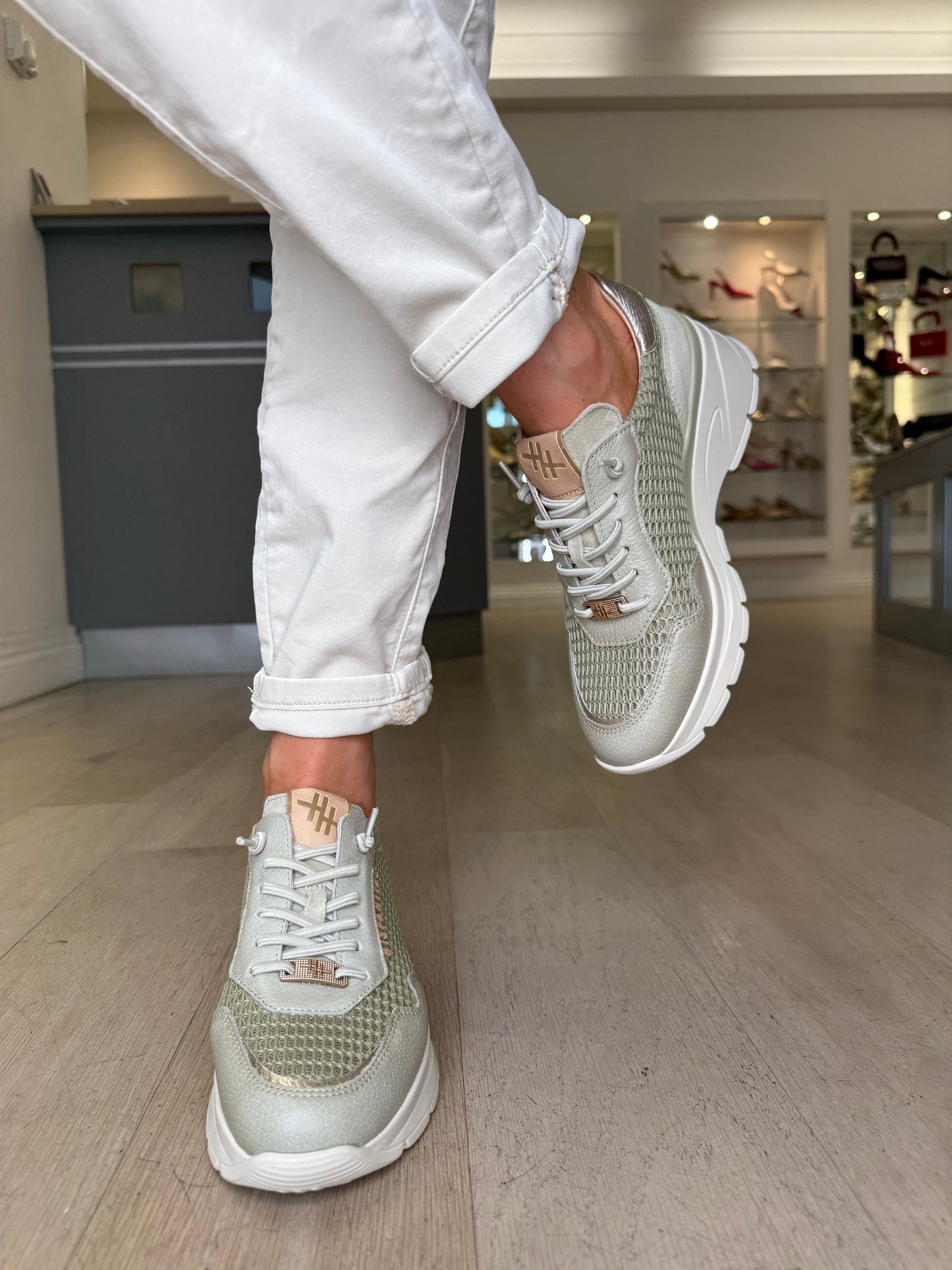 Hispanitas - Soft Green Leather Trainer With Bronze Trim