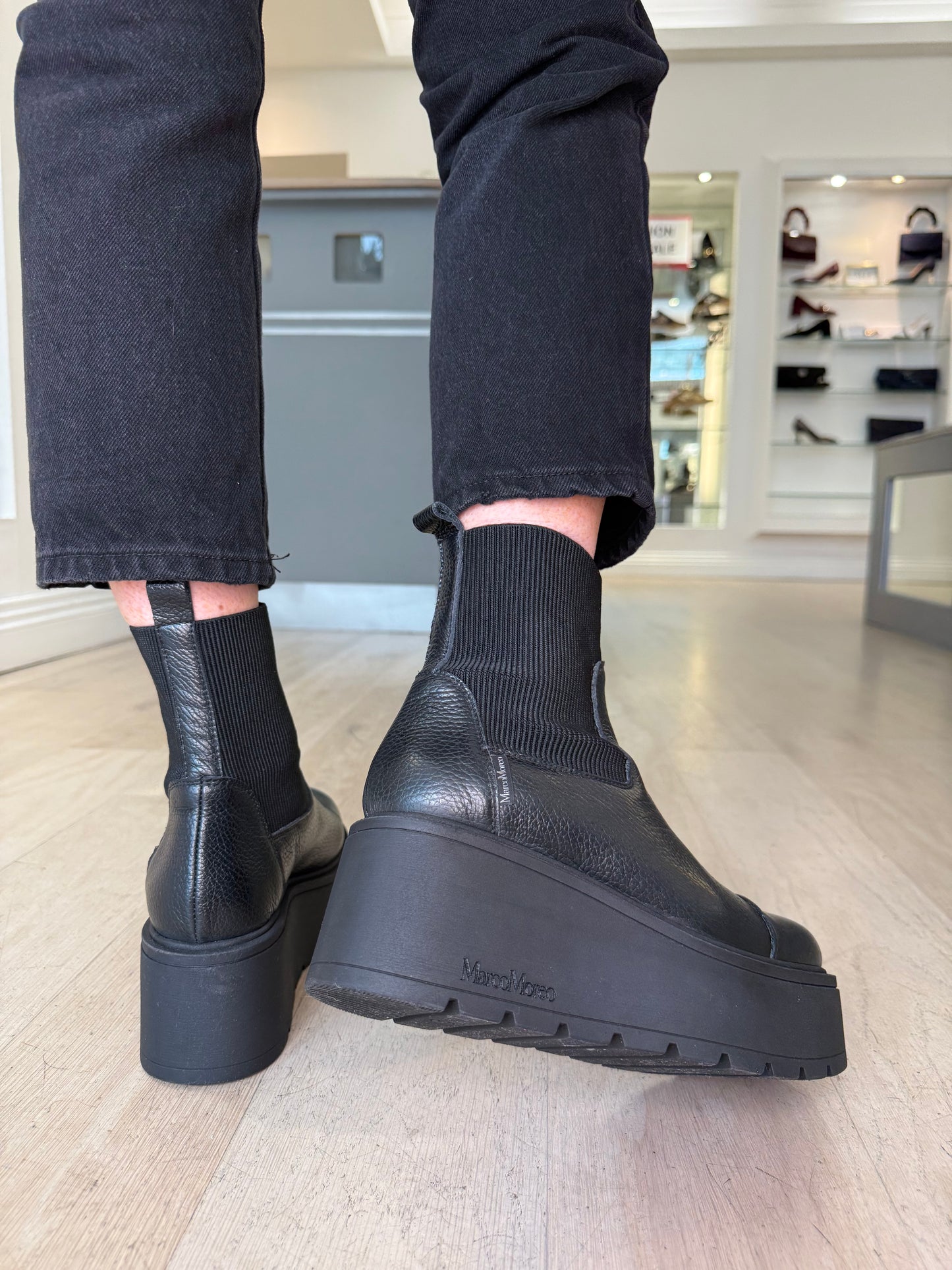 Marco Moreo - Brenda Black Grained Leather Chunky Sole Wedge Boot