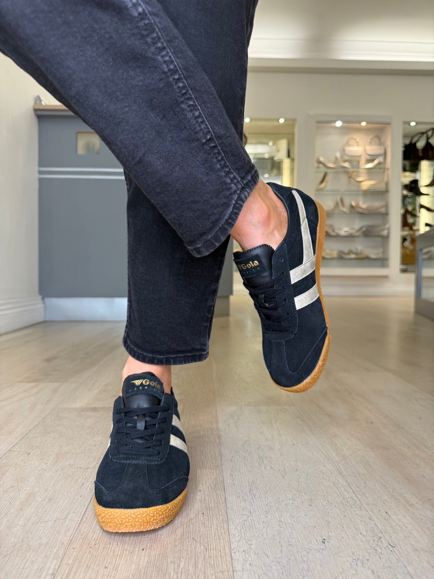 Gola -Harrier Mirror Black Suede Trainer With Gold Metallic Trim