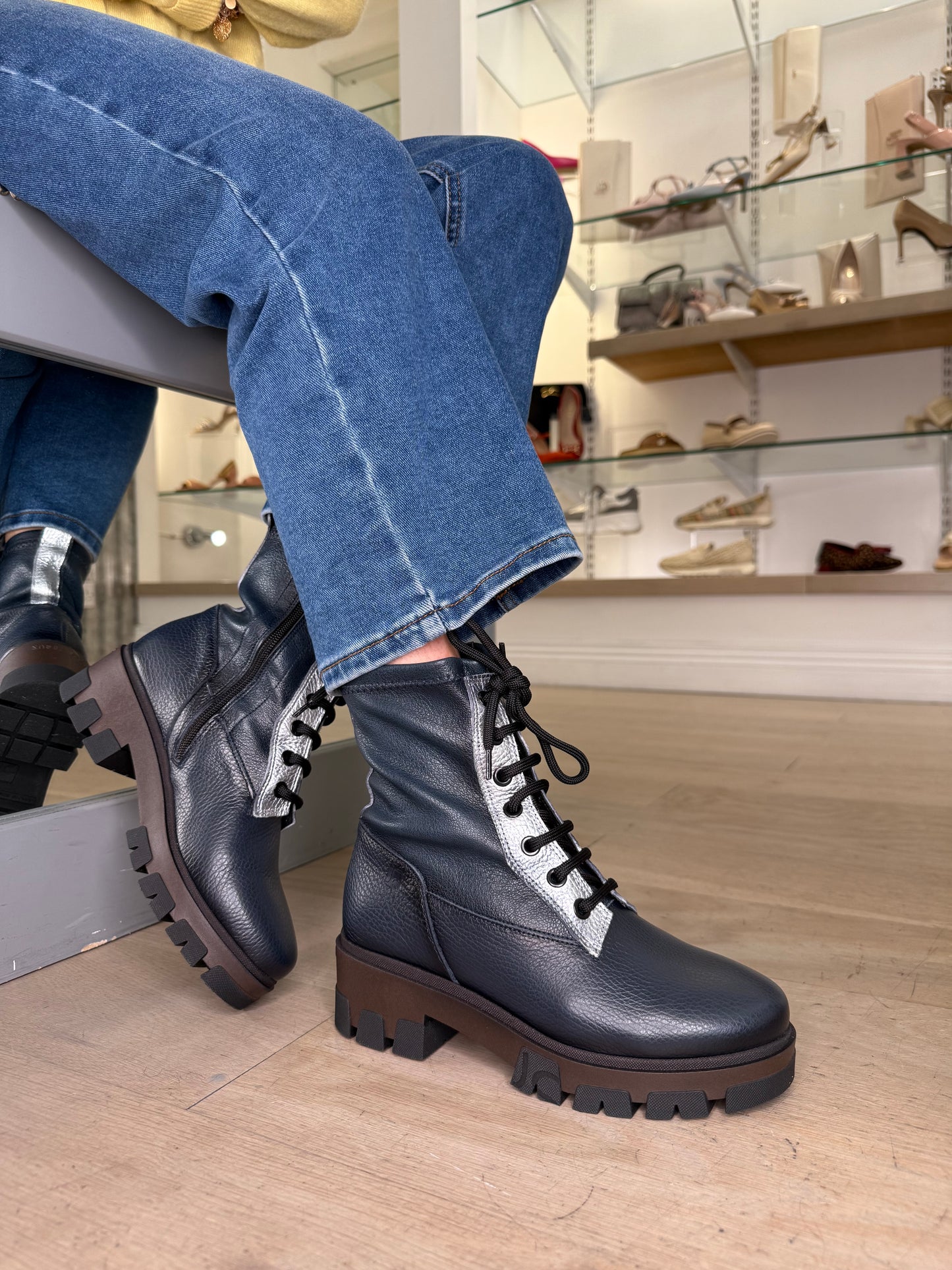 Jose Saenz -Dark Navy Leather Chunky Sole Lace Up Boot With Metallic Silver Trim