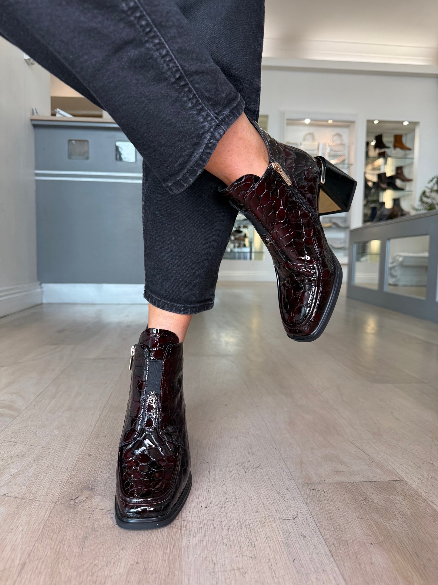 Loretta Vitale -Bordo/ Black Croc Patent Square Toe Block Heel Boot
