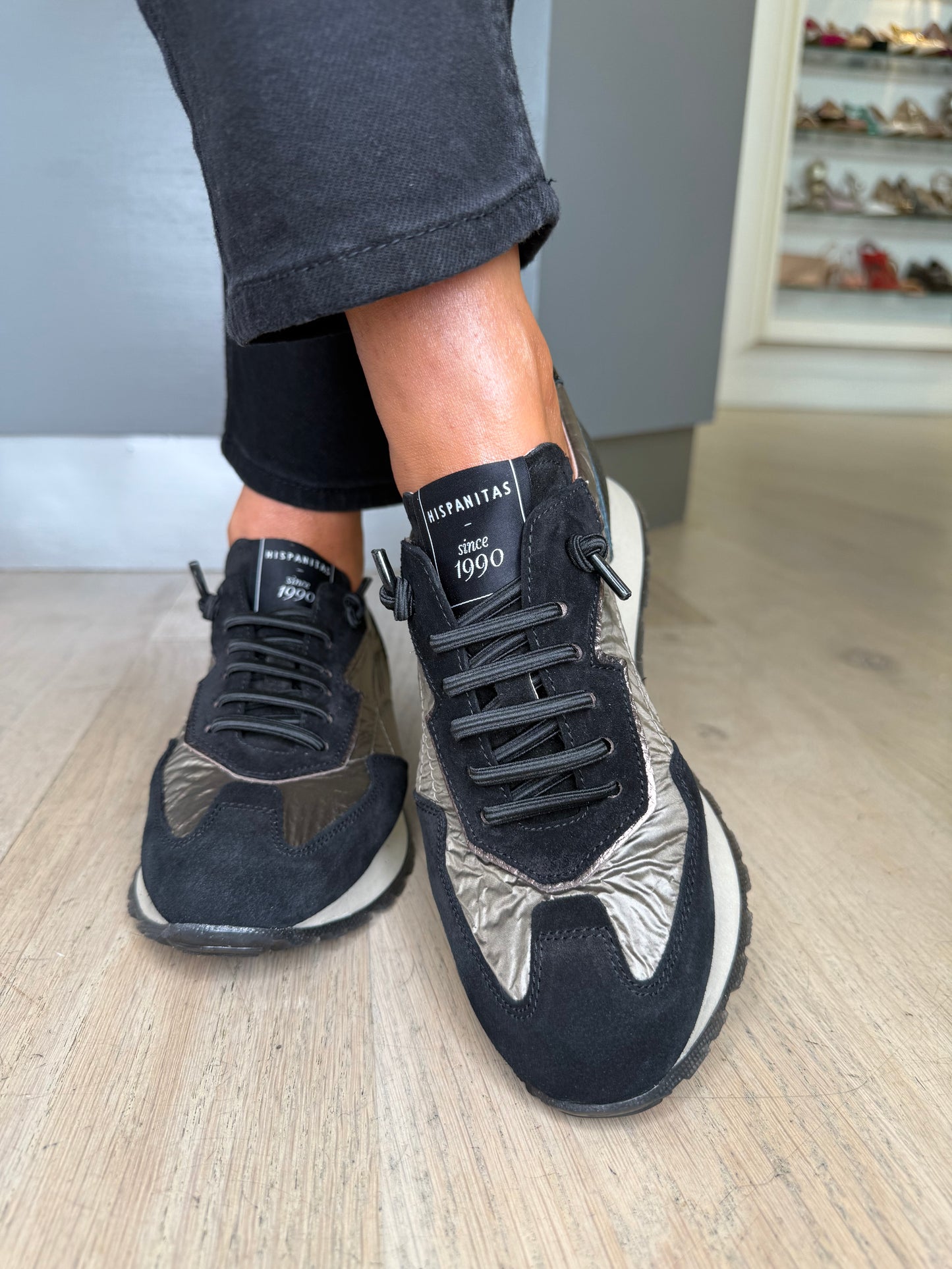 Hispanitas - Black Suede/ Taupe Padded Fabric Mix Pull On Trainer