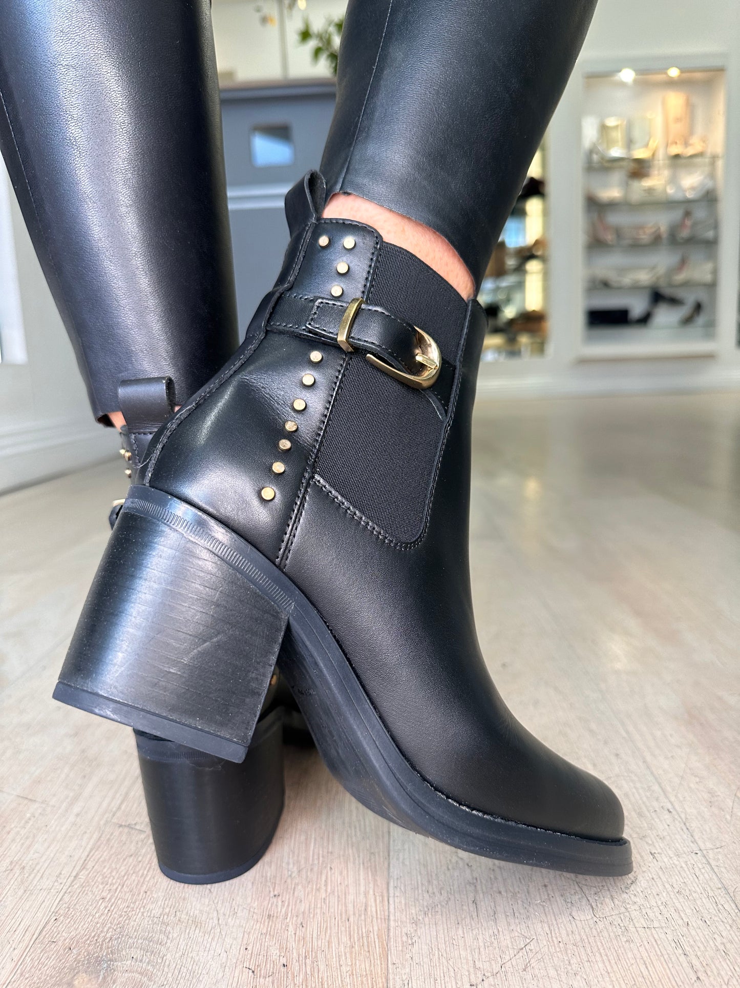 Alpe - Black Leather Pull On Block Heel Boot With Gold Trim