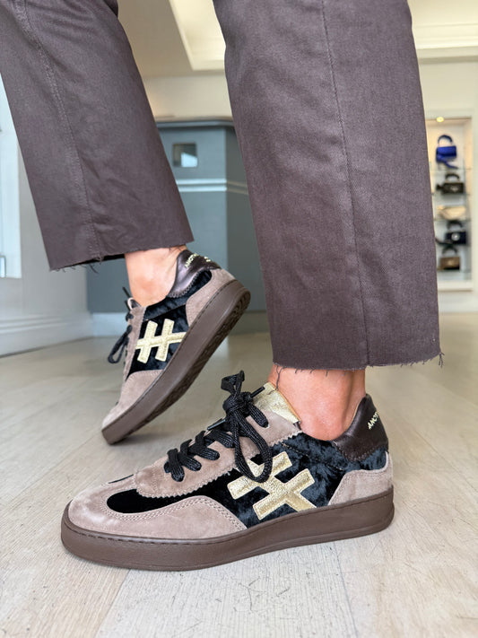 Another Trend - Soft Brown Suede/ Black Velvet Trainer With Metallic Gold & Dark Bronze Trim