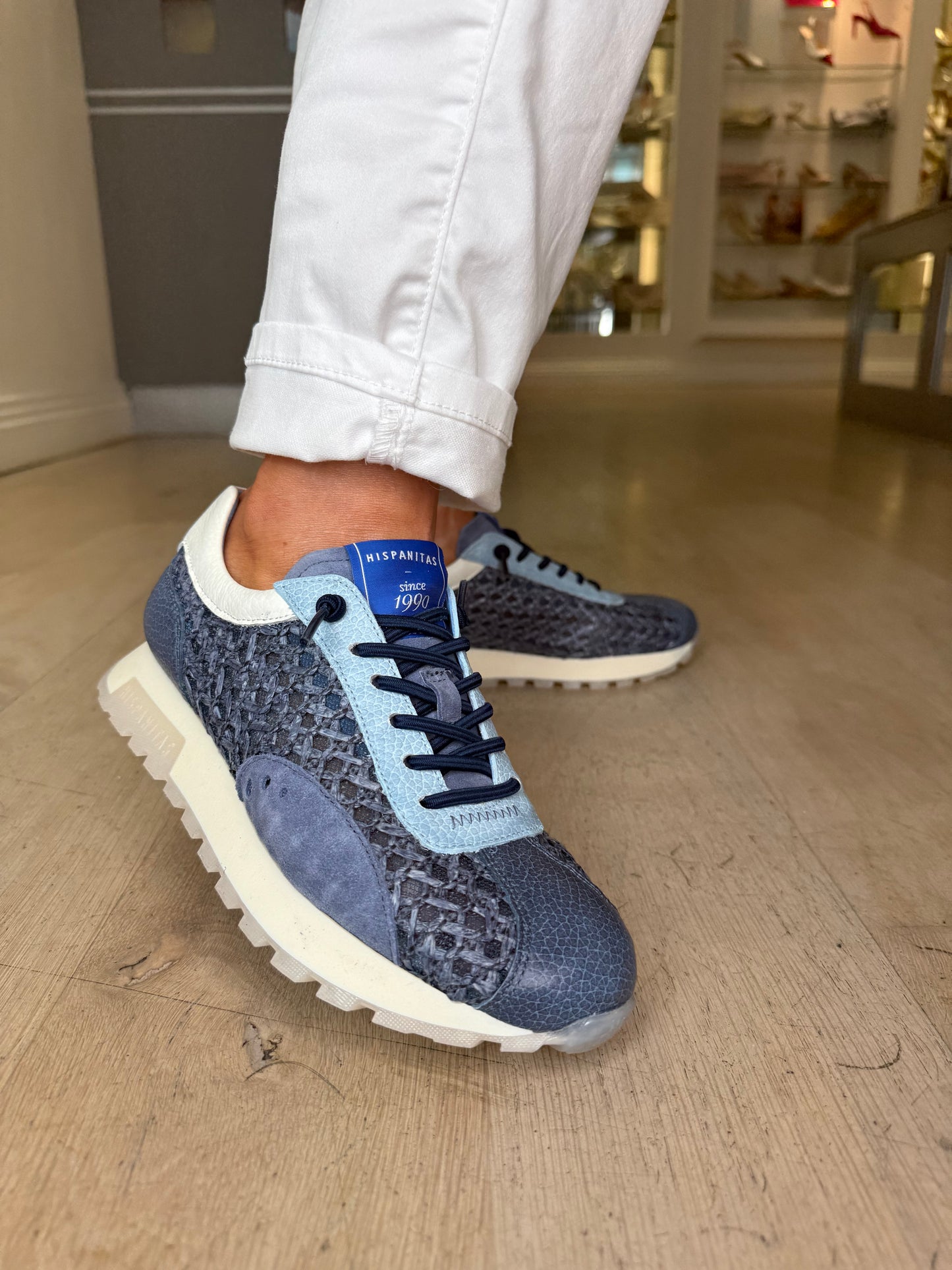 Hispanitas - Blue Weave/ Leather Mix Pull On Trainer With White Trim