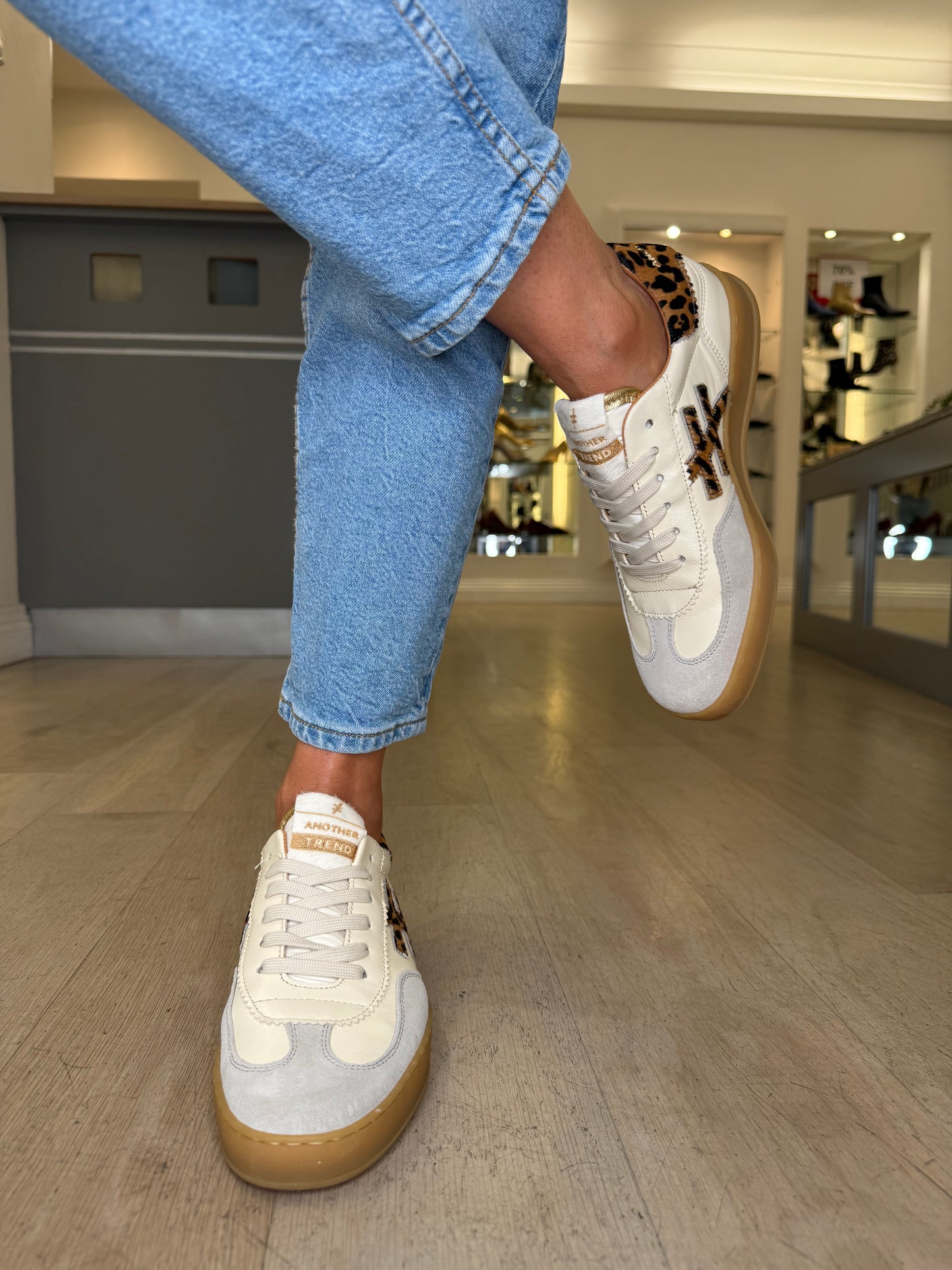 Another Trend - Stone Suede & Rich Cream Leather Trainer With Leopard Print Trim