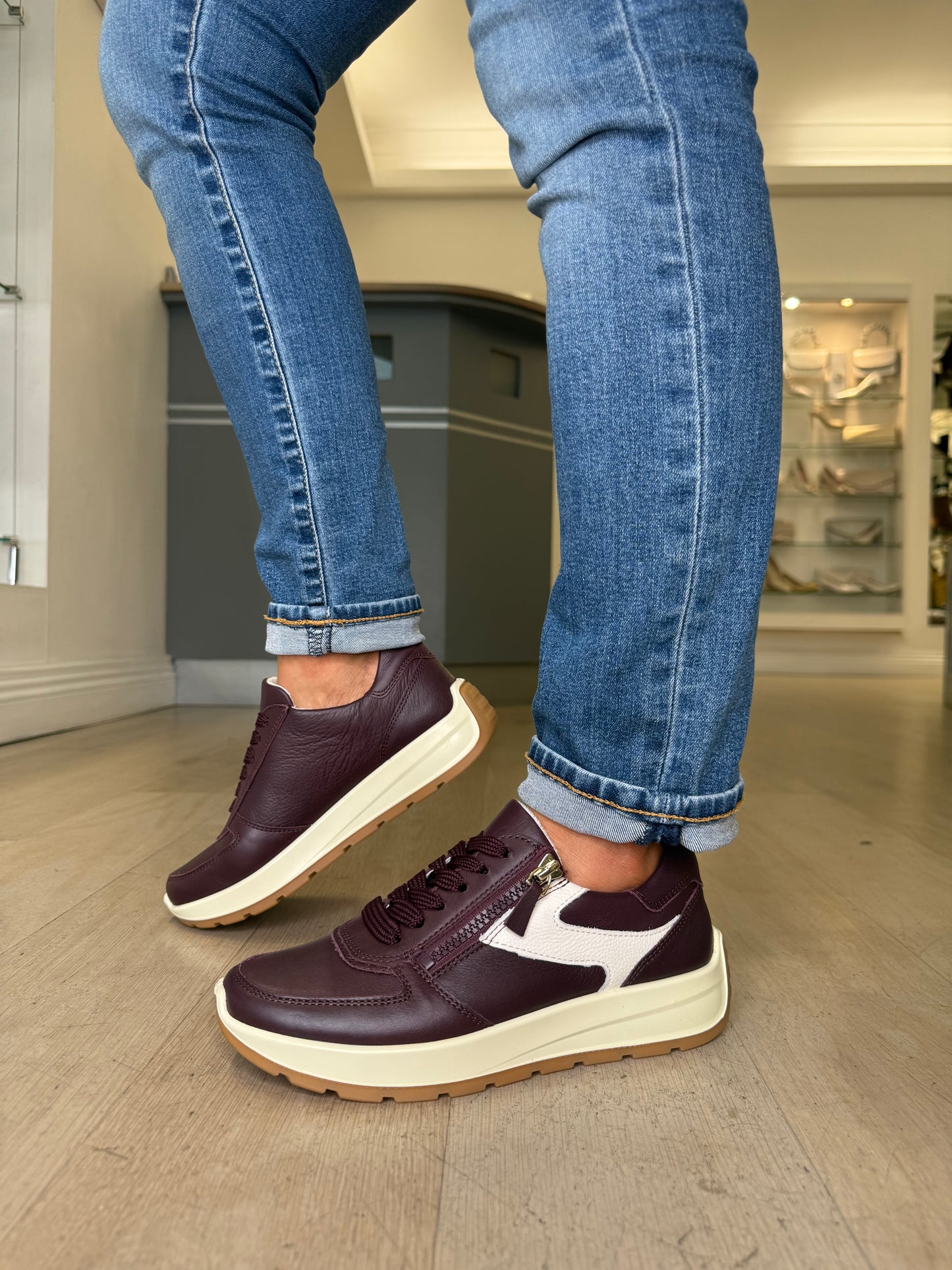 Ara - New York Merlot Leather Side Zip Trainer With White Trim & Cream Sole