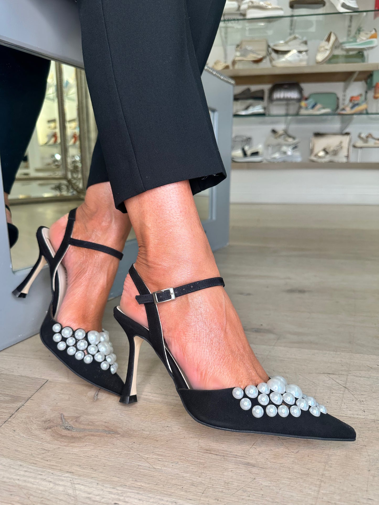 Marian - Black Suede Pointy Toe Heels With Pearl Trim