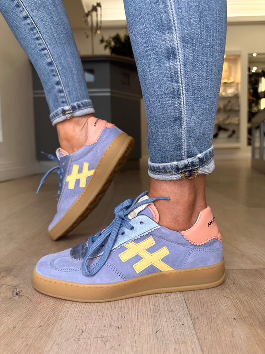 Another Trend (Alpe) - Sky Blue Suede / Metallic Mix Trainer With Lemon /  Soft Rose Trim