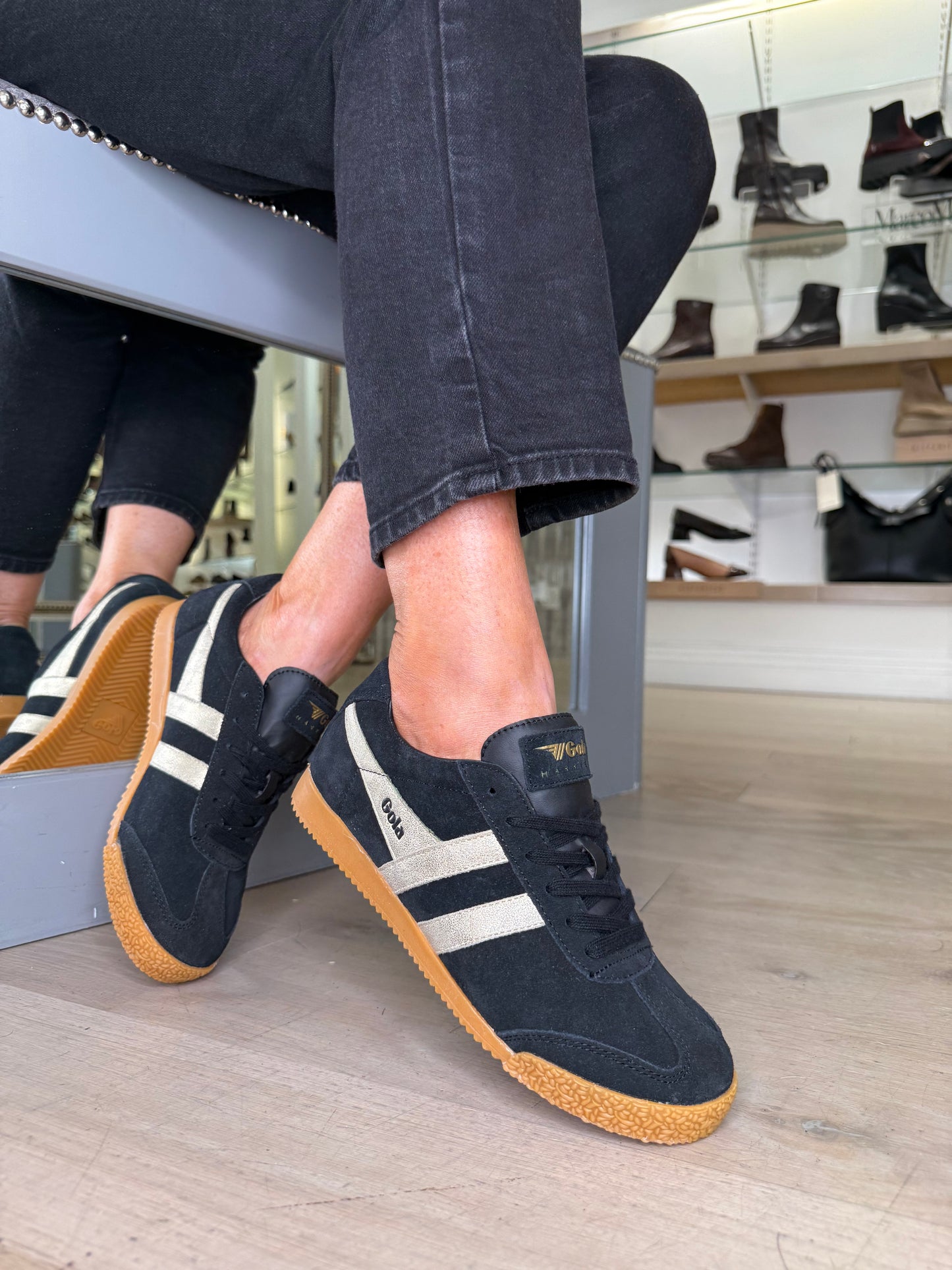 Gola -Harrier Mirror Black Suede Trainer With Gold Metallic Trim