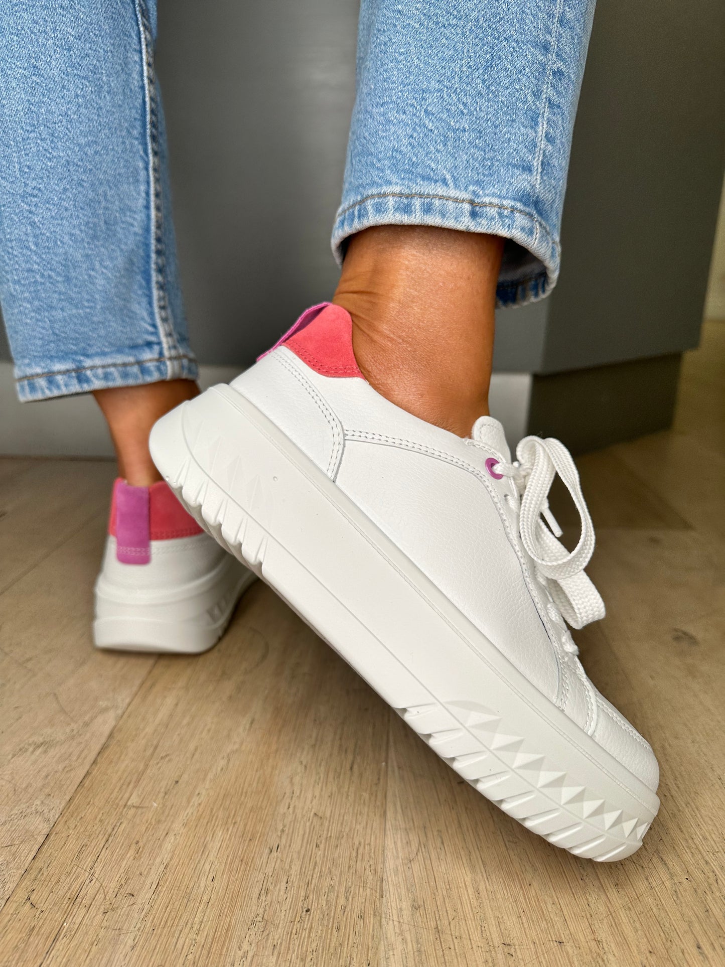 Ara - White Leather Chunky Sole Trainer With Raspberry & Hot Pink Suede Trim