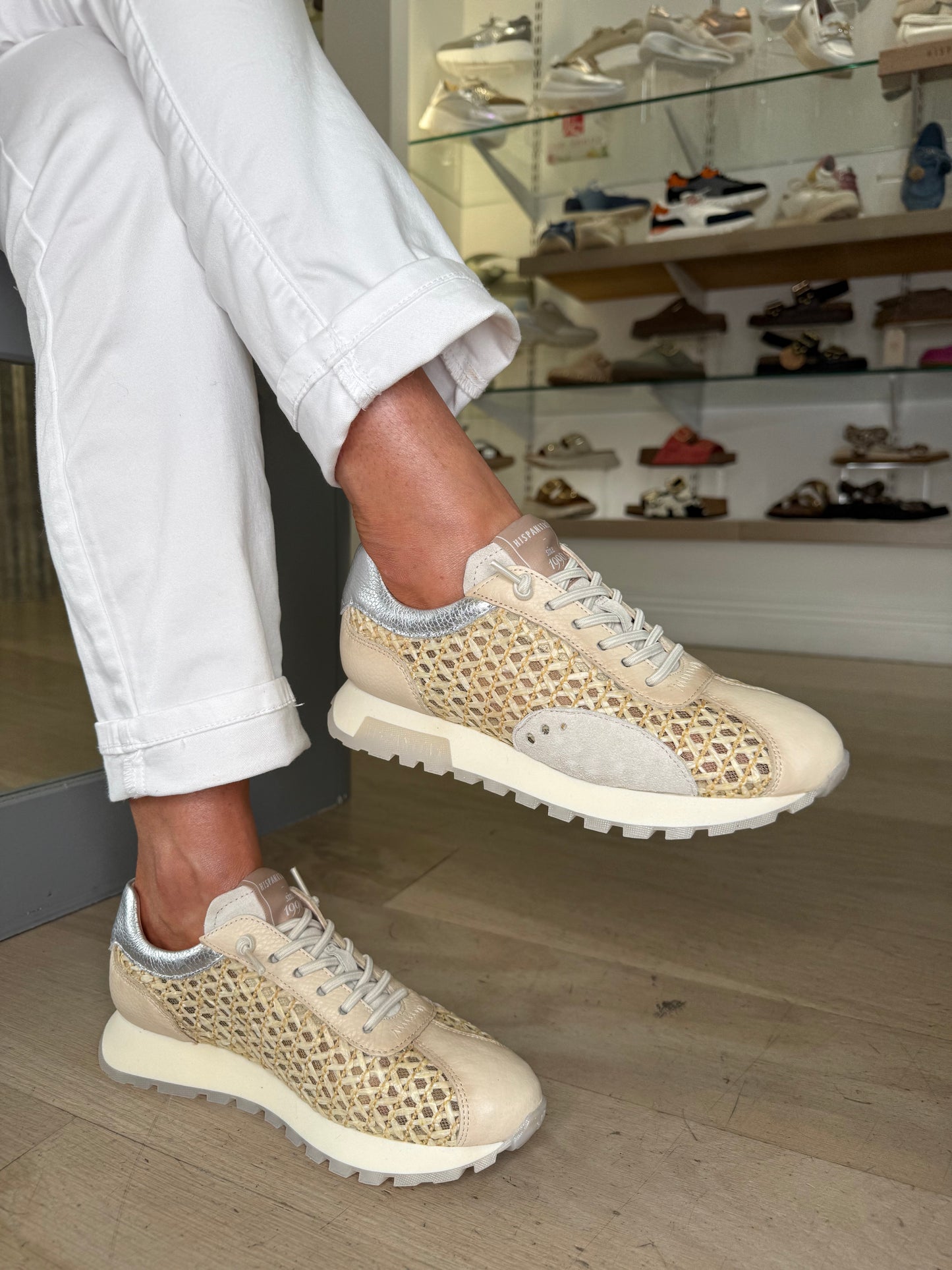 Hispanitas - Cream Weave/ Leather Mix Pull On Trainer With Silver Trim
