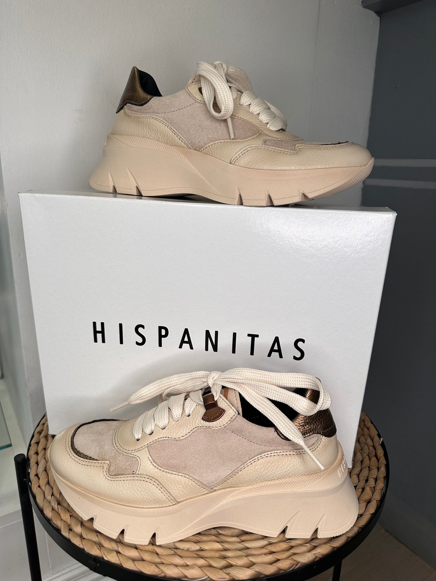 Hispanitas - Helsinki Rich Cream Chunky Lace Up Trainer With A Bronze Trim