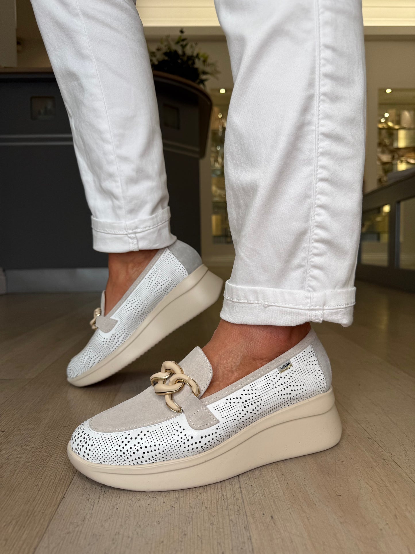 Callaghan -White Leather & Taupe Suede Slip On Wedge Shoe