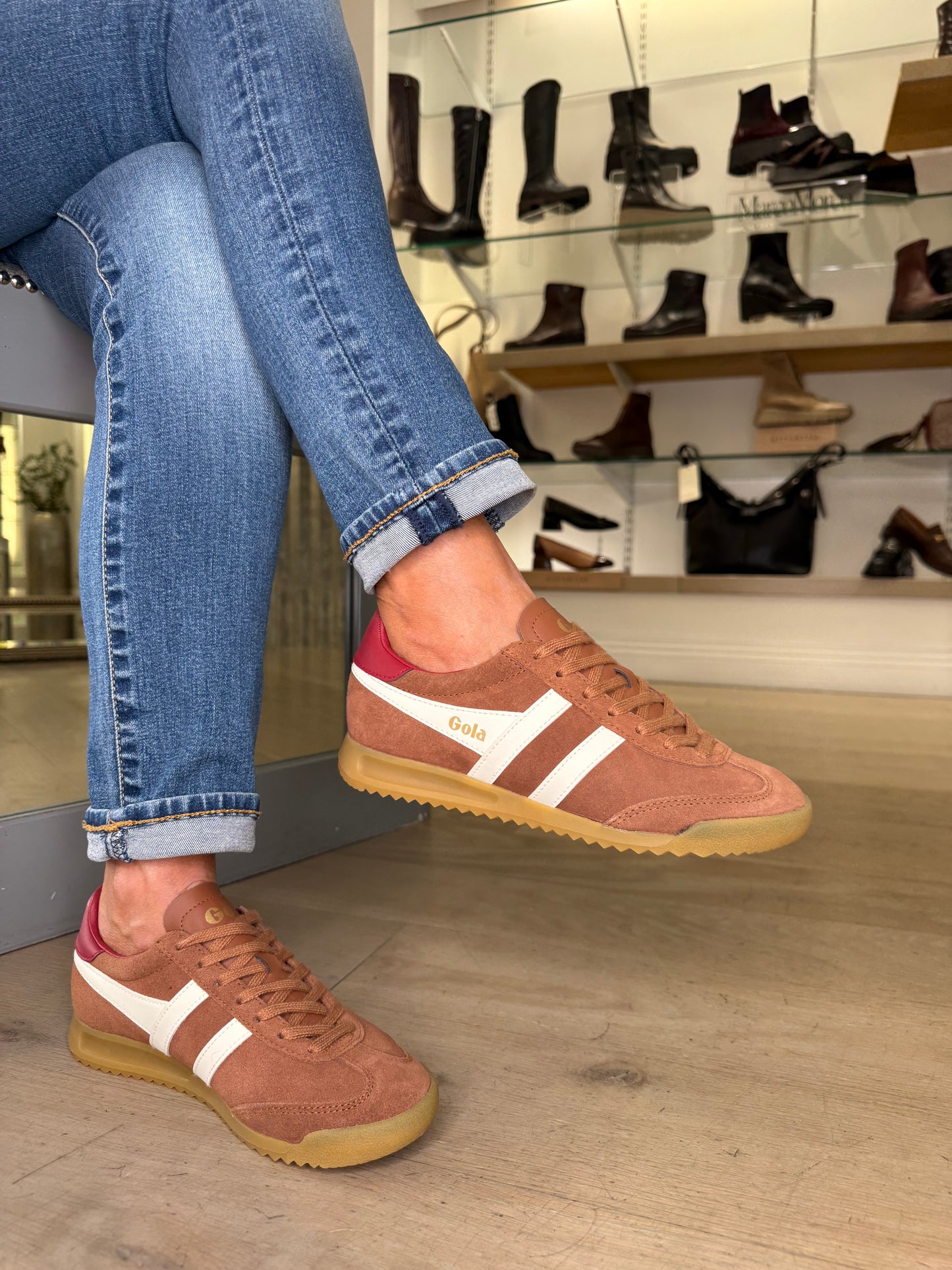 Gola -Torpedo Chestnut Suede Trainer With White & Red Trim