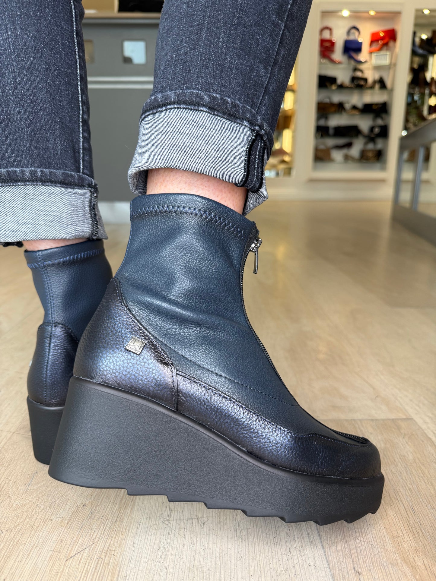 Jose Saenz -Metallic Navy/ Black Mix Wedge Boot