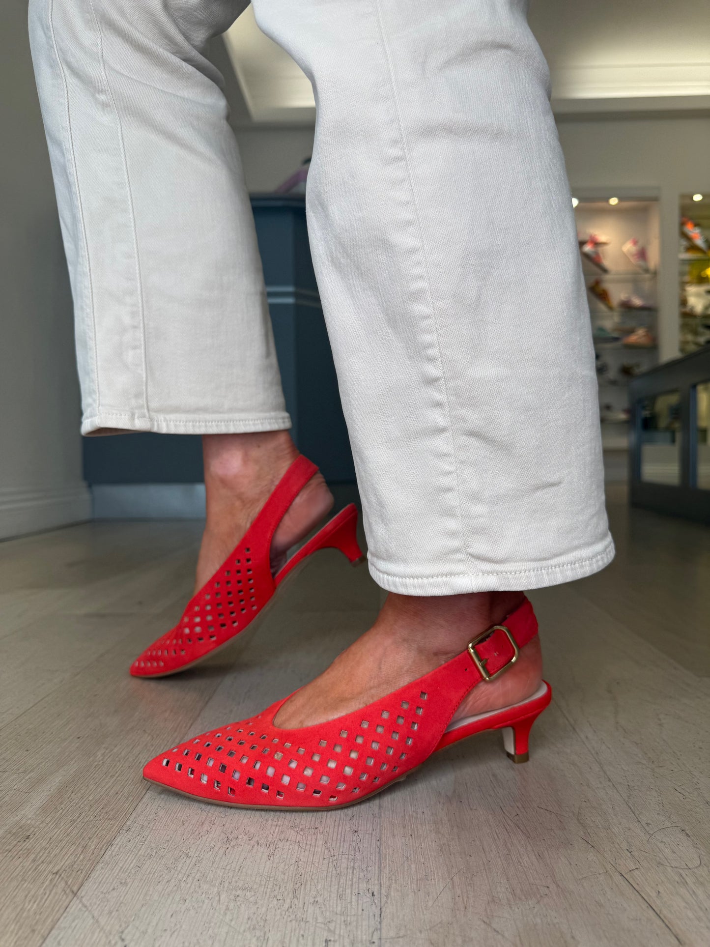 Marian - Red Suede Pointy Toe Perforated Slingback Shoe With Low Heel