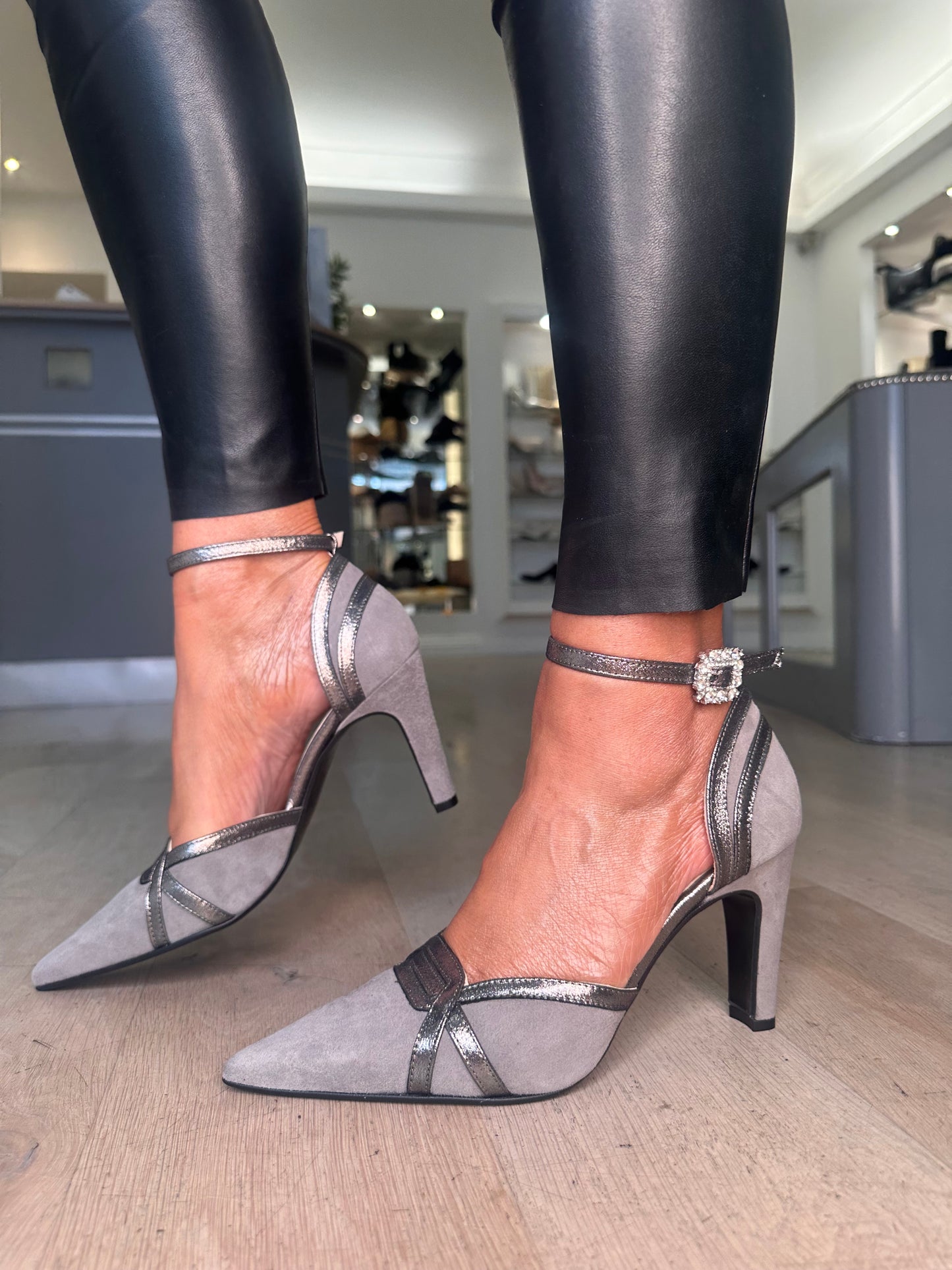 Marian - Grey Suede / Pewter Metallic Trim Pointy Toe Shoe