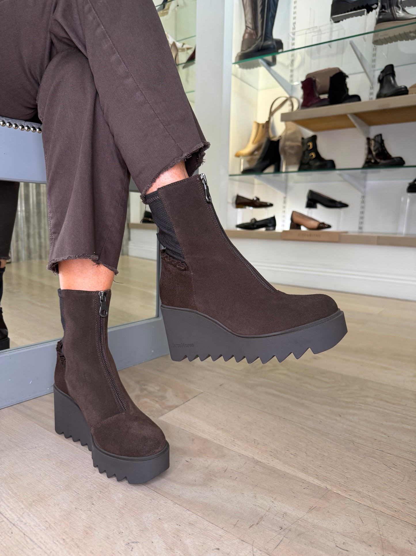 Marco Moreo - Rich Brown Suede Chunky Sole Wedge Boot With Frill Detail