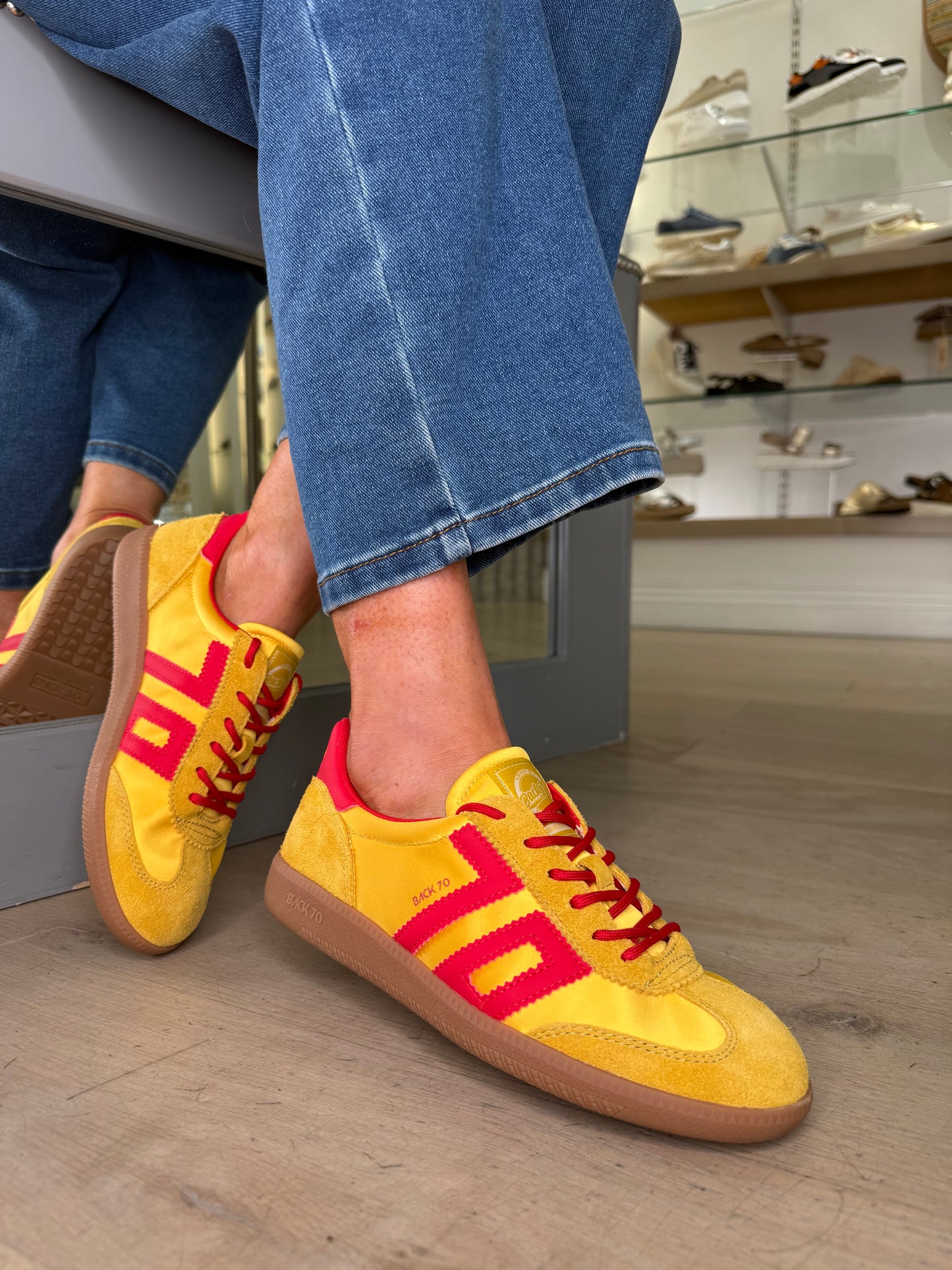 Back 70 - Yellow Satin & Suede Red Trim Trainer