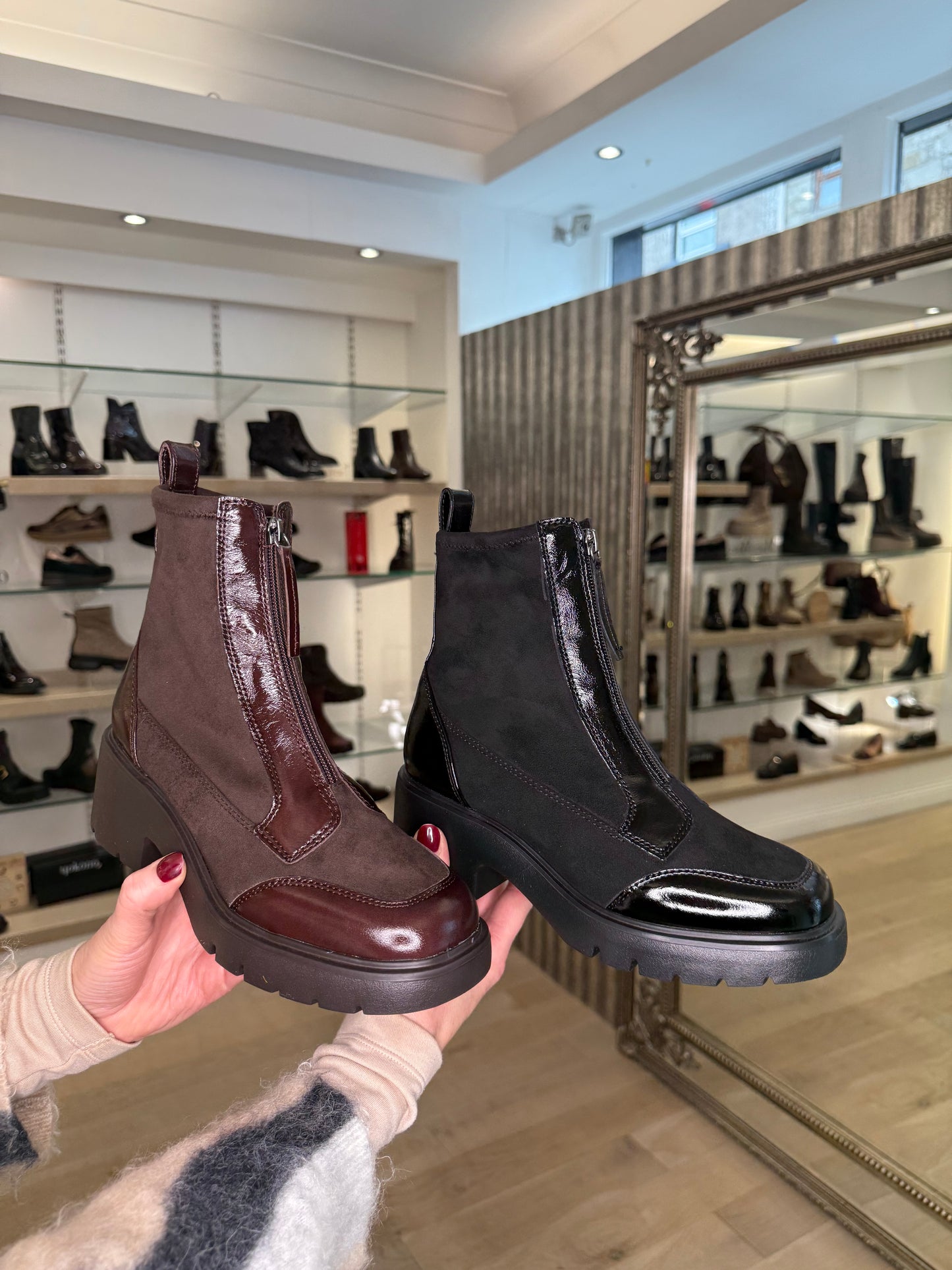 Unisa -Brown Patent & Stretch Suede Mix Zip Up Boot