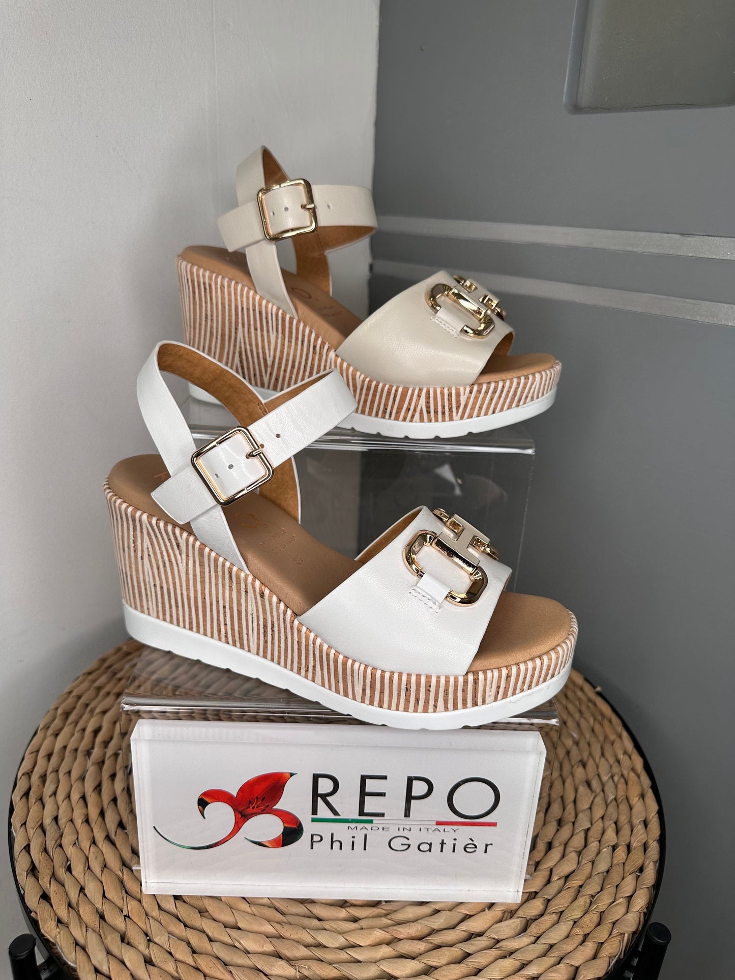 Repo -White Mid Heel Wedge With Gold Trim