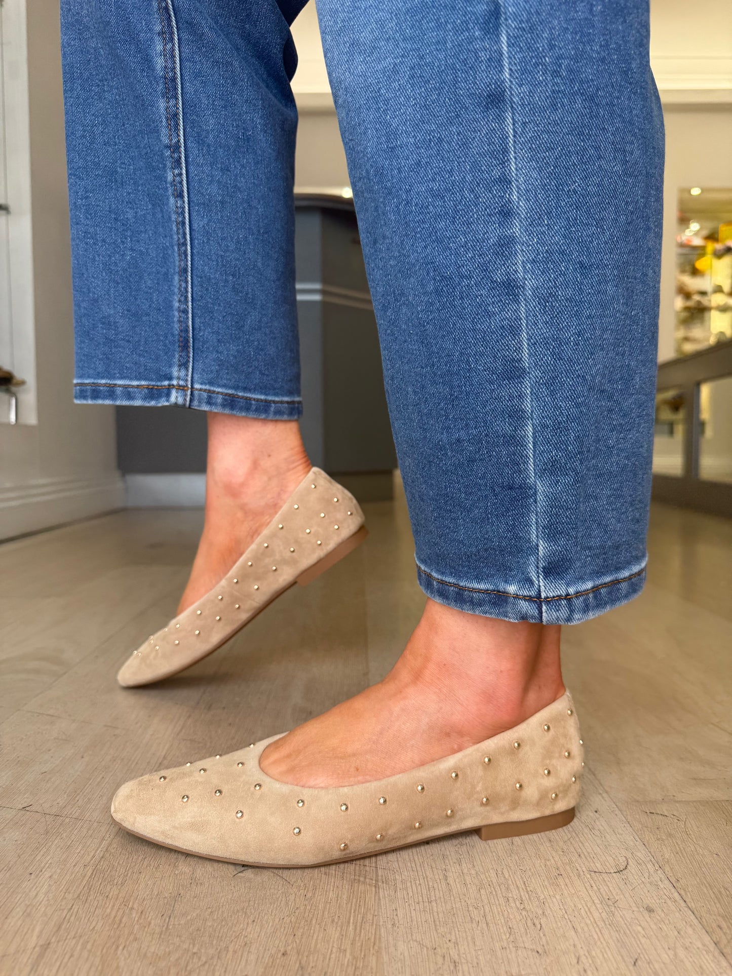 Alpe - Soft Camel Suede Pump With Gold Stud Trim
