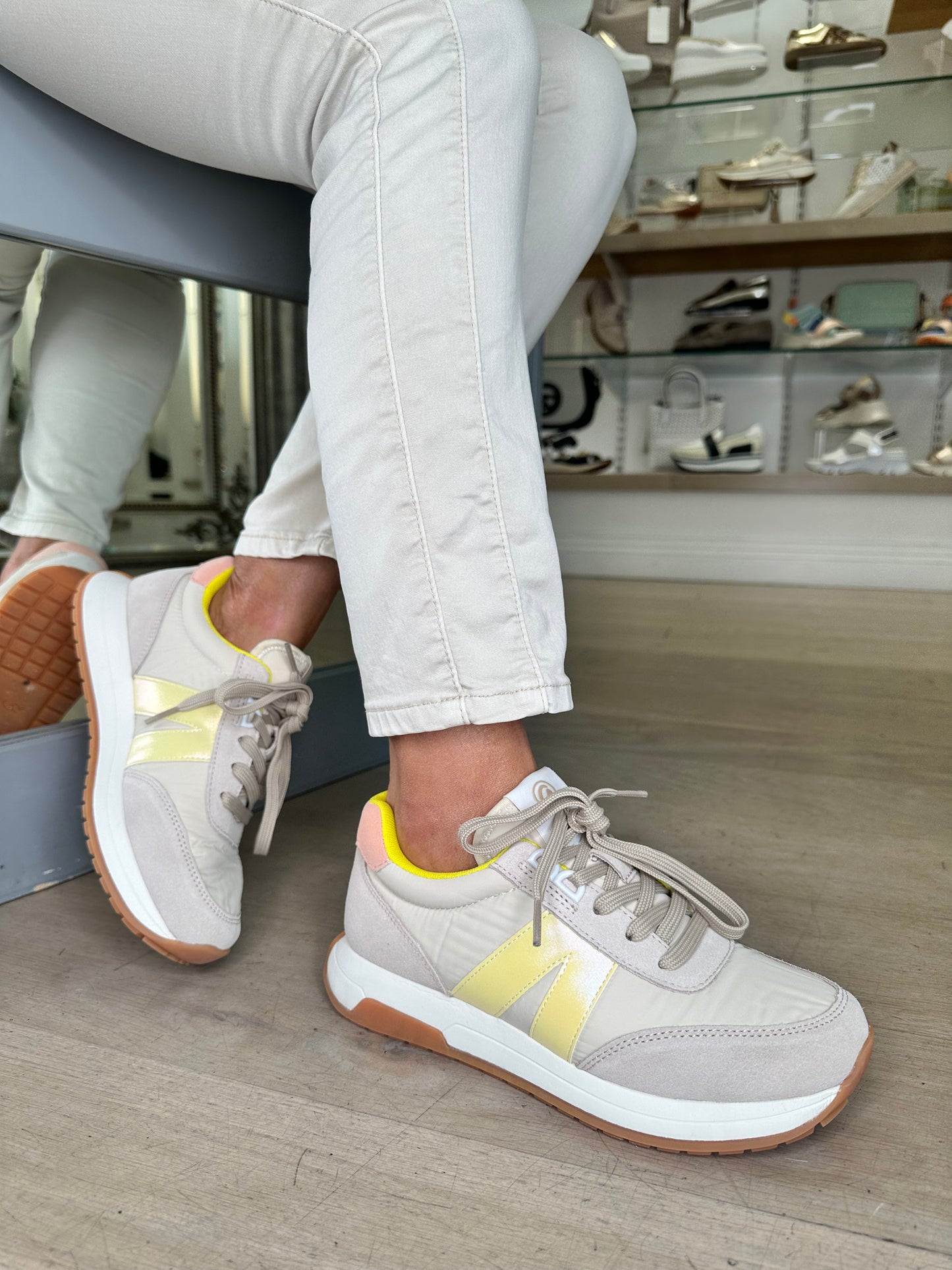 Ara - Soft Beige Canvas / Suede Trainer With Yellow Trim