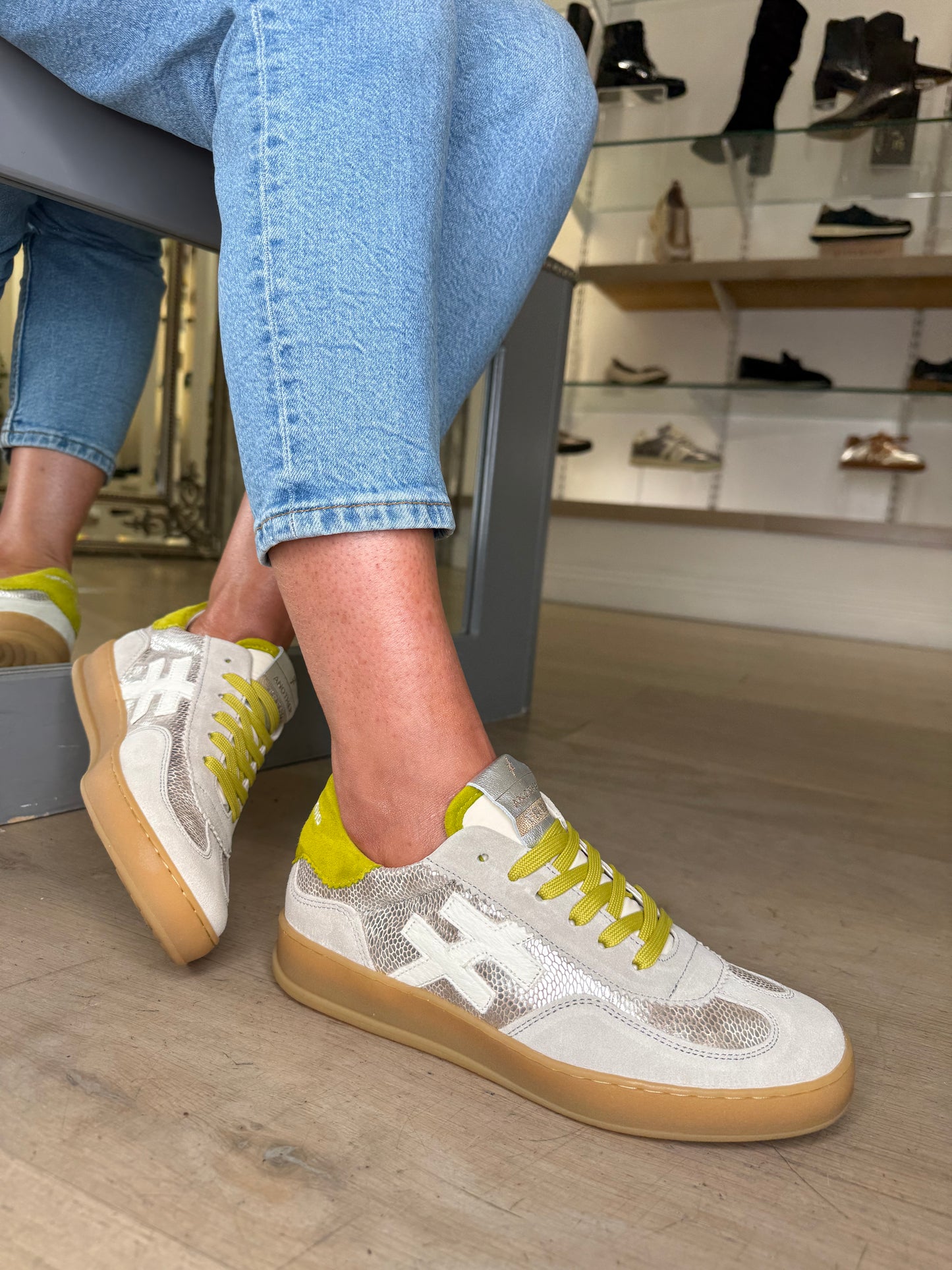 Another Trend - Stone Grey Suede Trainer With Silver Snake Print Shimmer & Lime Suede Trim