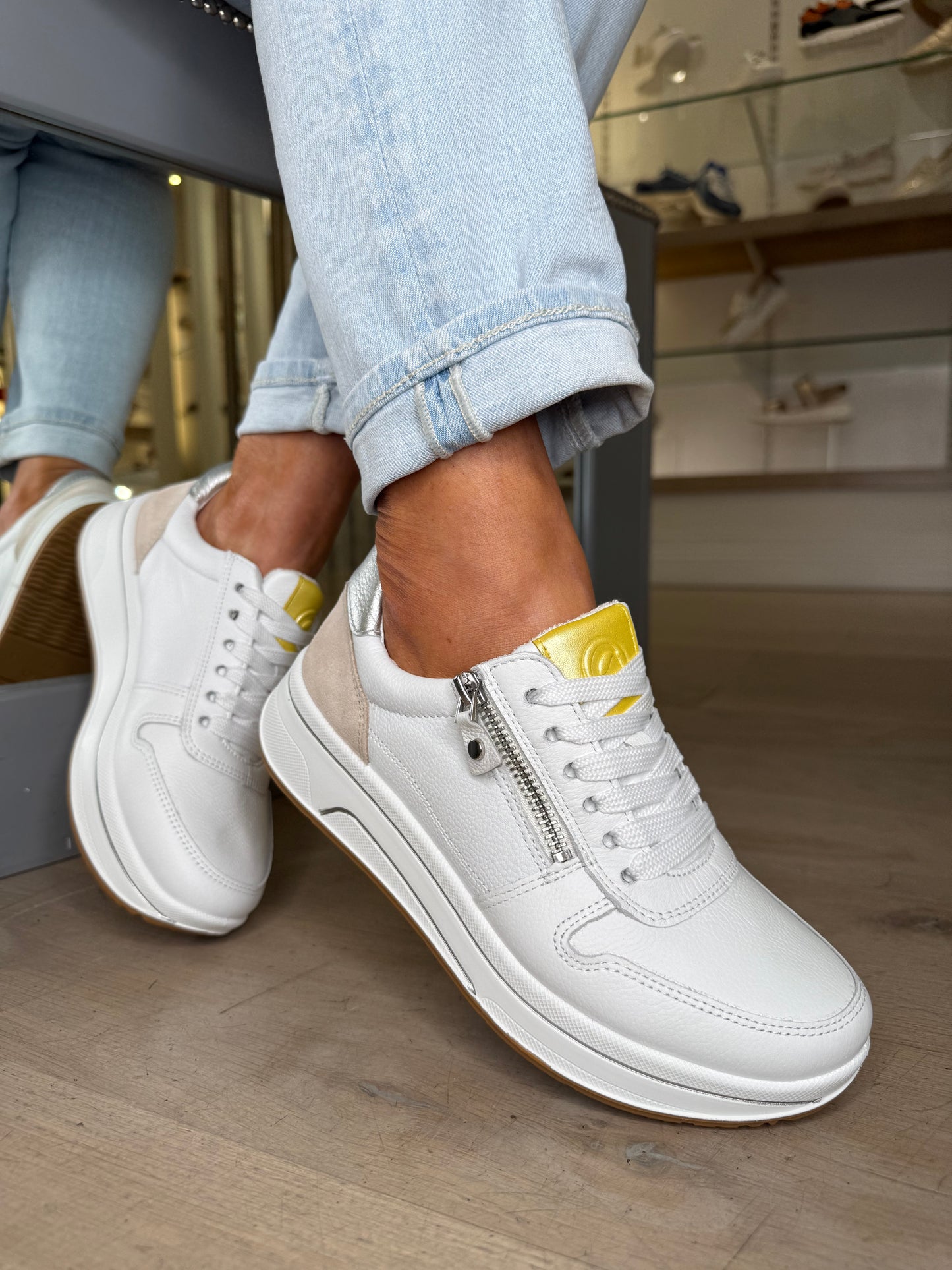 Ara - White Lace Up Trainer With Side Zip & Yellow & Beige Suede Trim