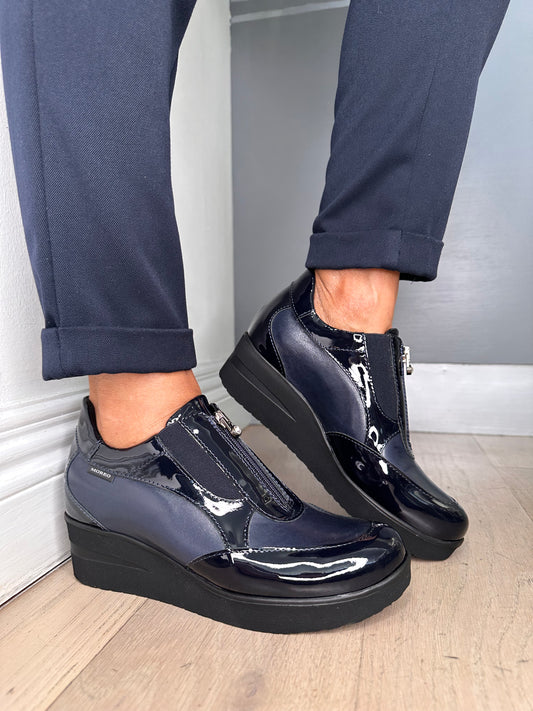 Marco Moreo - Navy Nappa Leather Movers Zip Up Shoe With Patent Trim