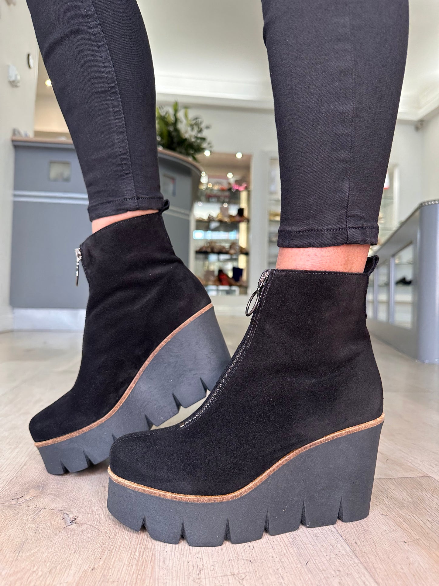 Alpe - Black Suede High Wedge Front Zip Boot