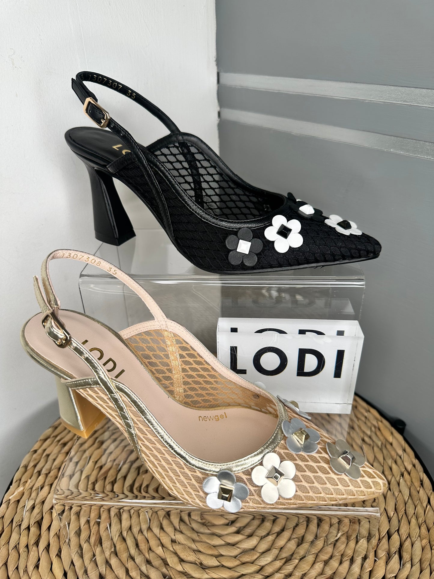 Lodi - Soft Mesh Black Pointy Toe Slingback Shoe With Black & White Flower Trim