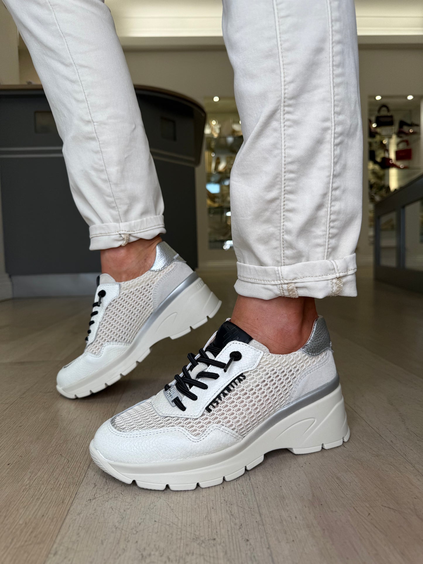 Hispanitas - White Leather Trainer With Black Lace & Silver Trim