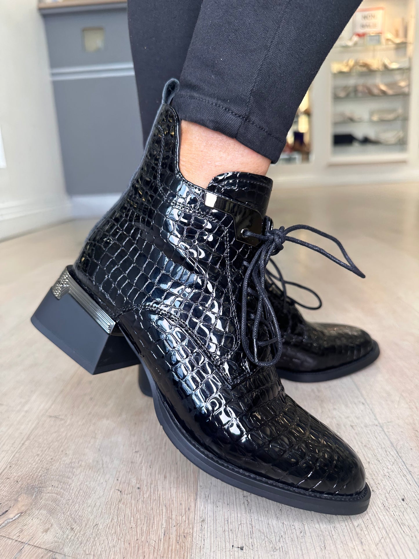 Loretta Vitale - Black Mock Croc Flexy Patent Leather Boot