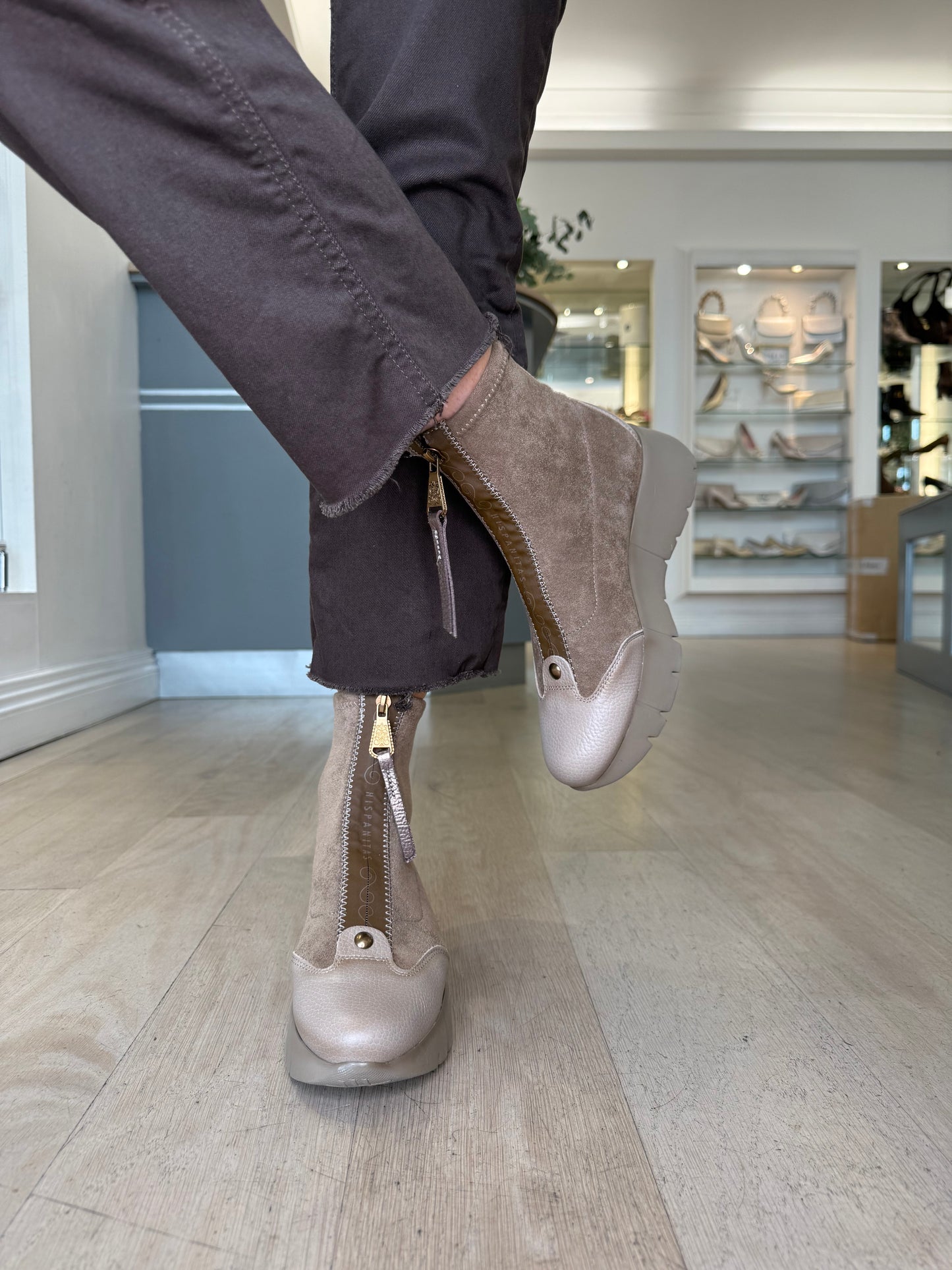 Hispanitas - Taupe Suede & Leather Zip Up Sporty Wedge Boot