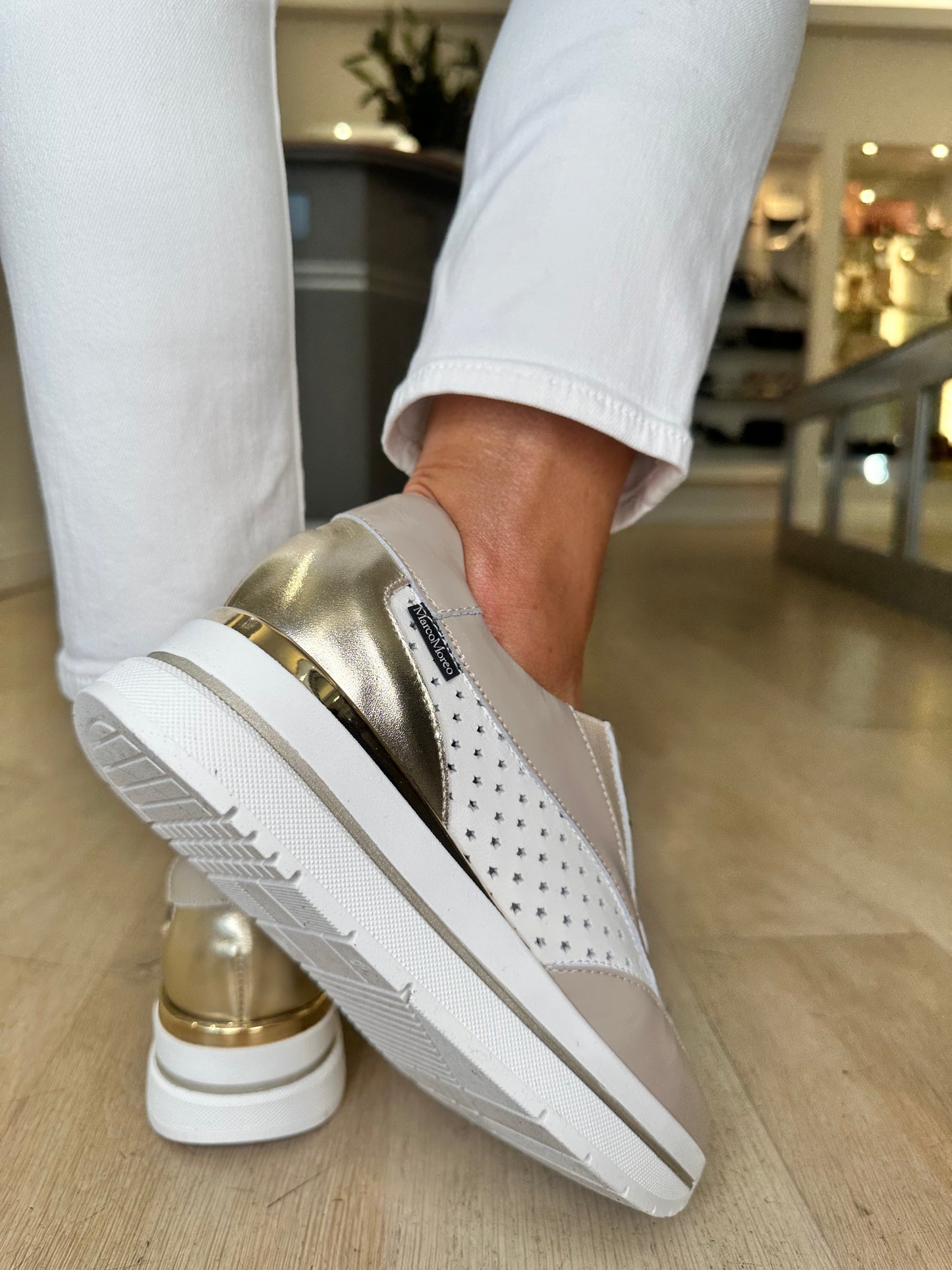 Marco Moreo - Taupe Flexy Patent & White Leather Trainer With Gold Trim