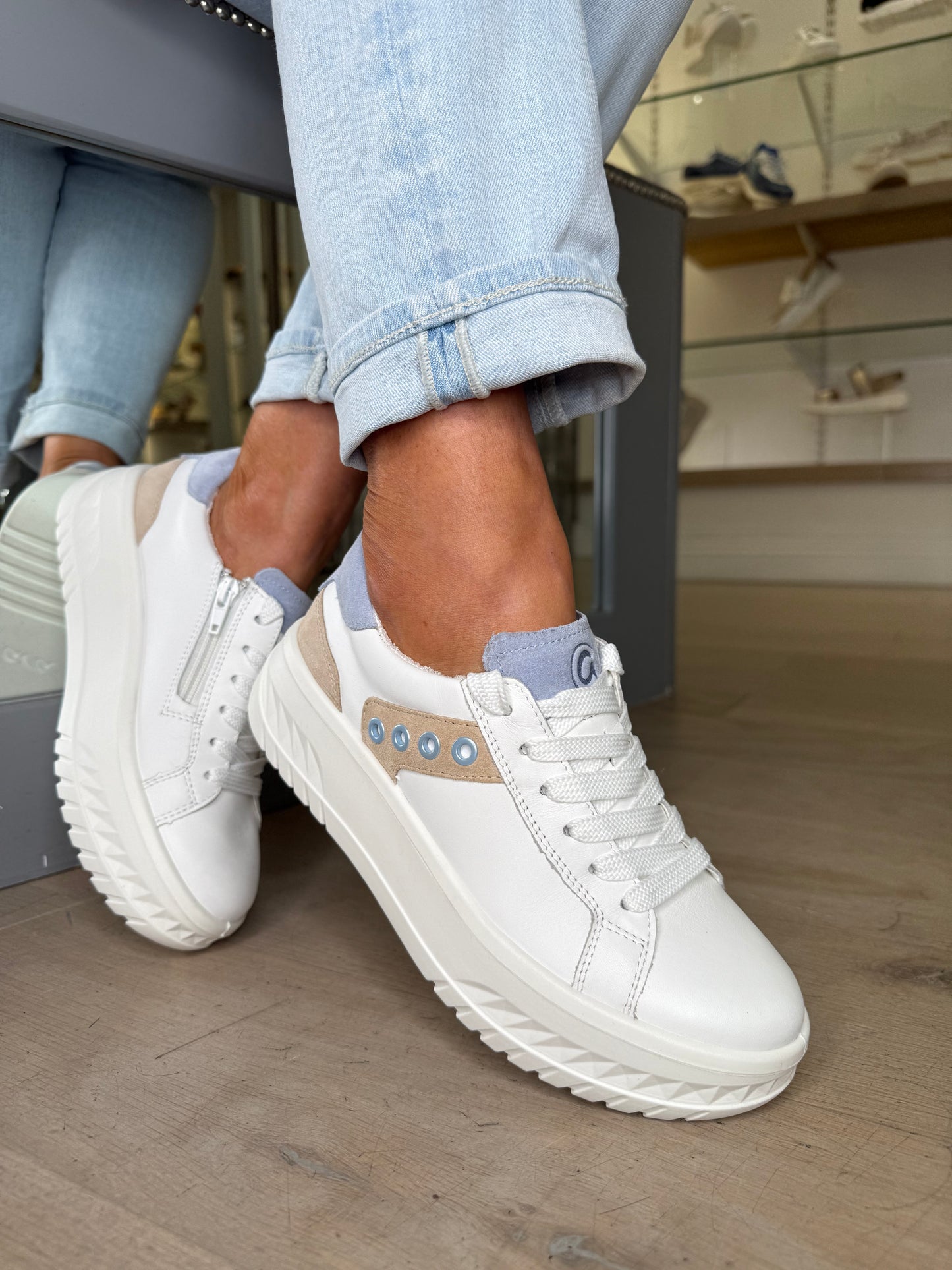 Ara - White Flatform Side Zip Trainer With Sky Blue & Beige Suede Trim