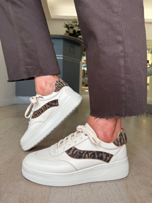 Unisa - Soft Cream Leather Trainer With Leopard Print Trim