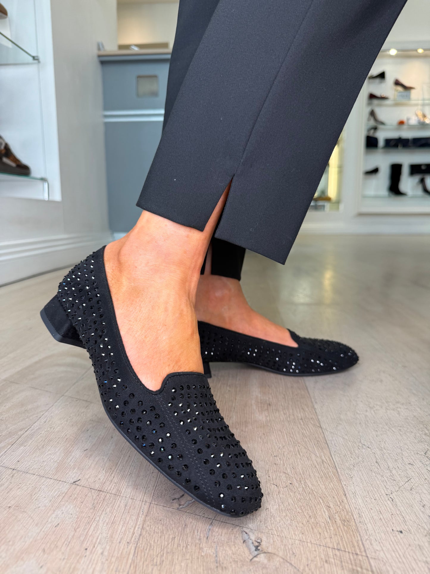 Unisa - Black Suede Jeweled Pomp Style Square Toe Shoe
