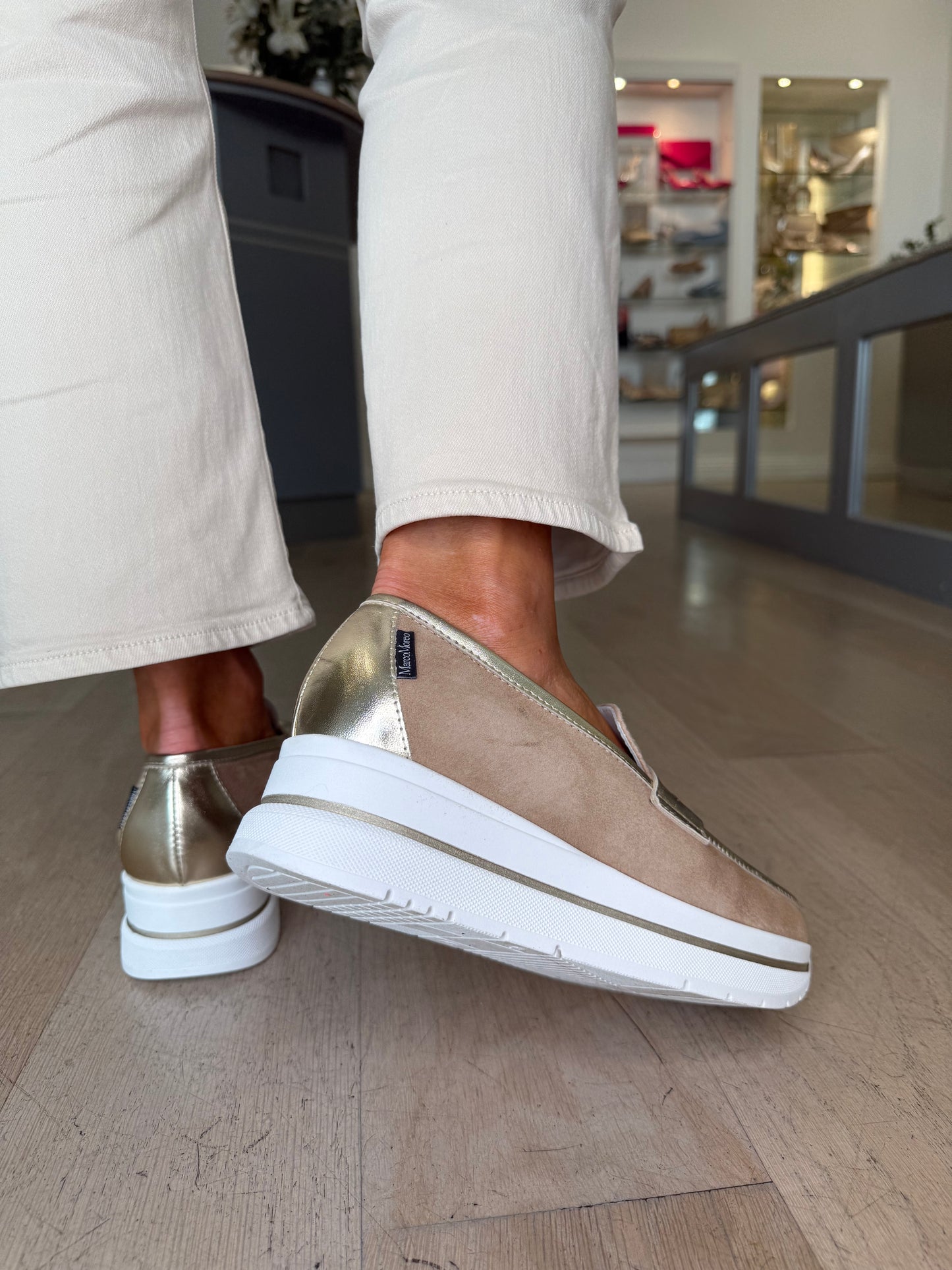 Marco Moreo - Arianna Camel Suede With Soft Gold Trim Slip On Wedge Shoe