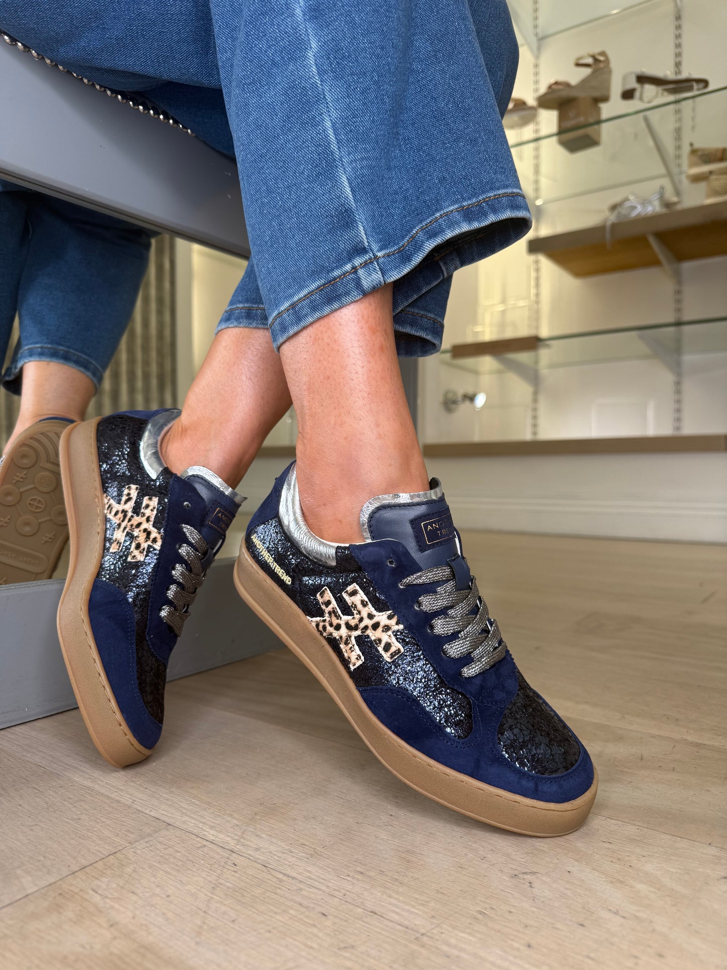 Another Trend -Multi Suede Navy Mix Trainer With Leopard Print & Metallic Silver Trim