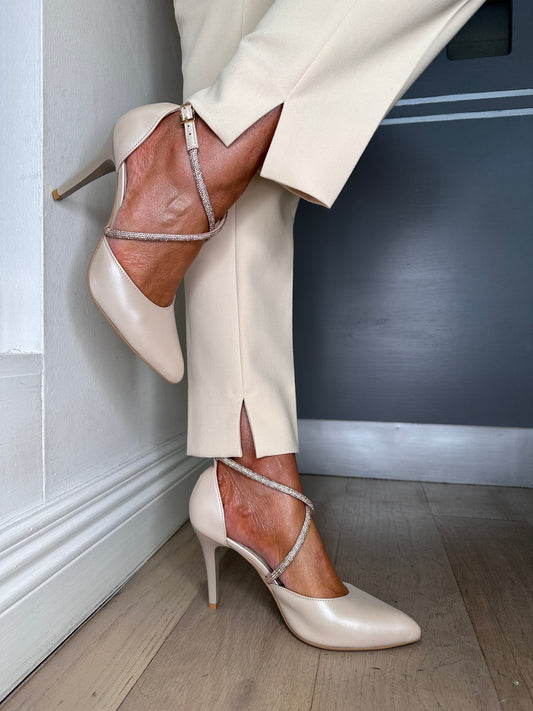 Emis - Pearlised Beige Strappy Diamante Rose Gold Criss Cross Pointy Toe Heel