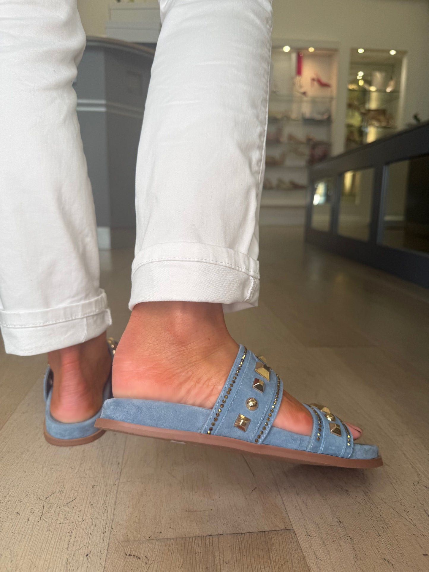 Lodi - Jean Suede 2 Strap Slider With Gold Stud Trim