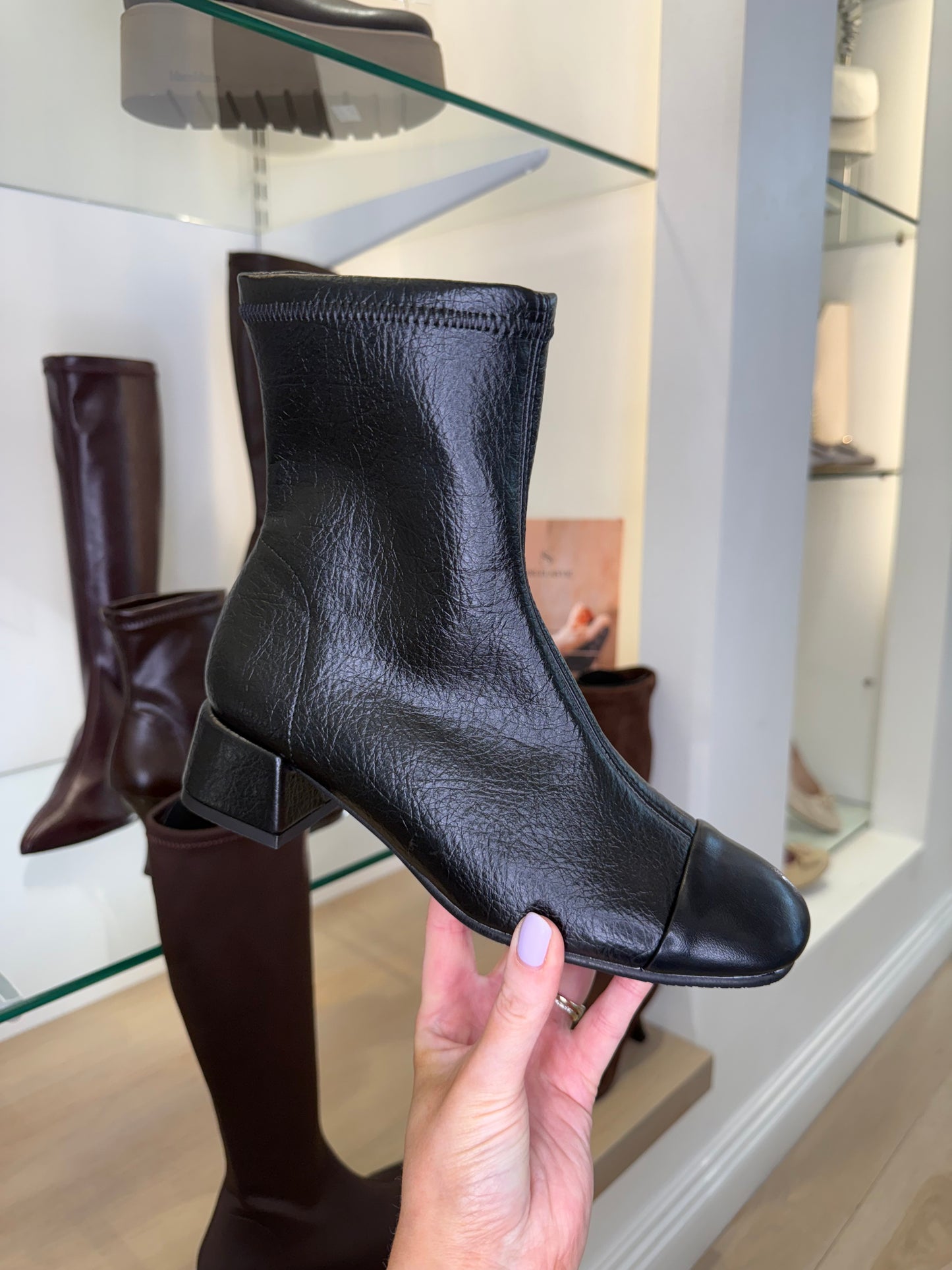 Miss Elastic - Black Stretch Leather Sock Boot With Medium Heel