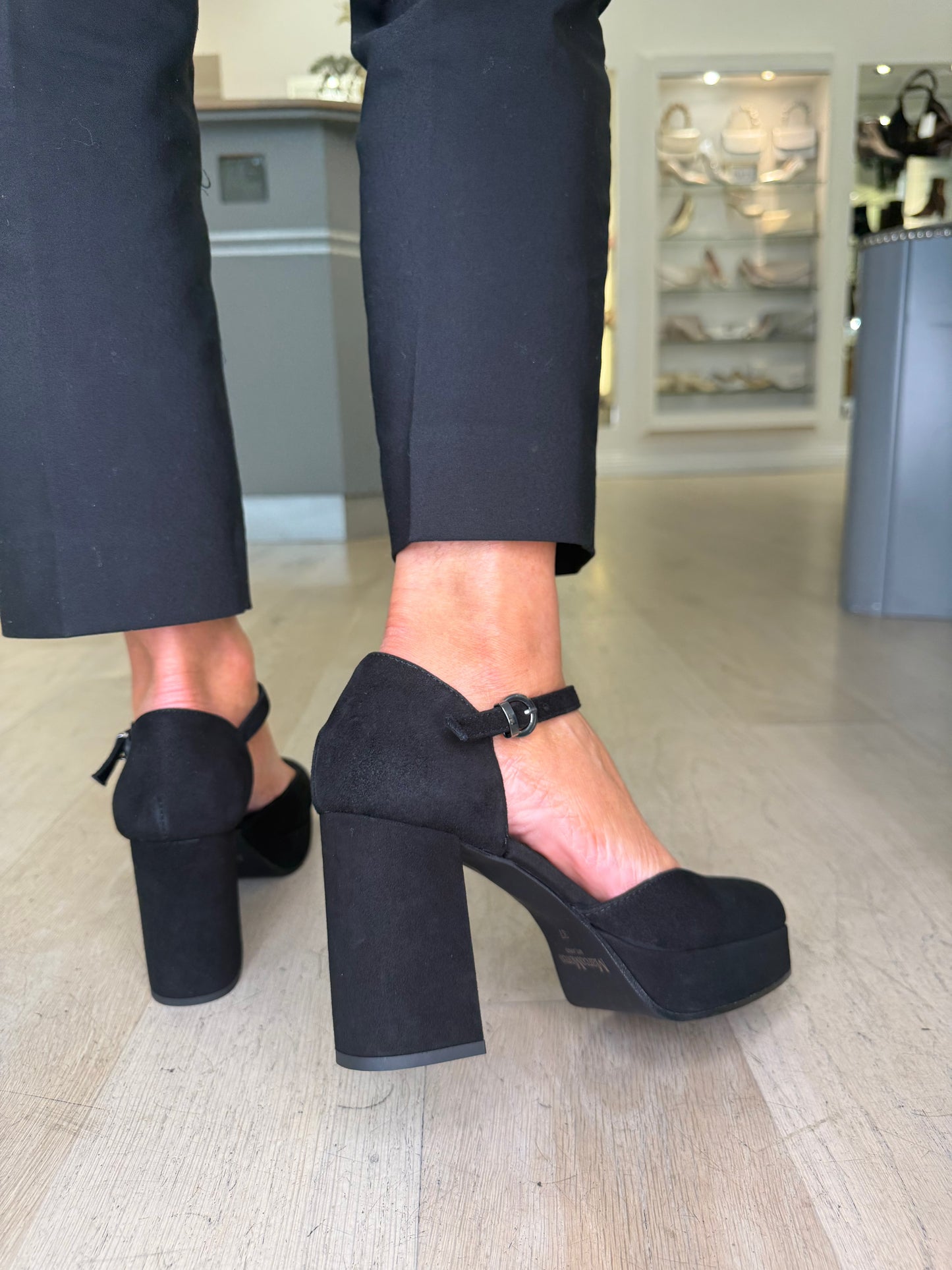 Marco Moreo - Nicole Black Suede Block Heel Mary Jane Shoe
