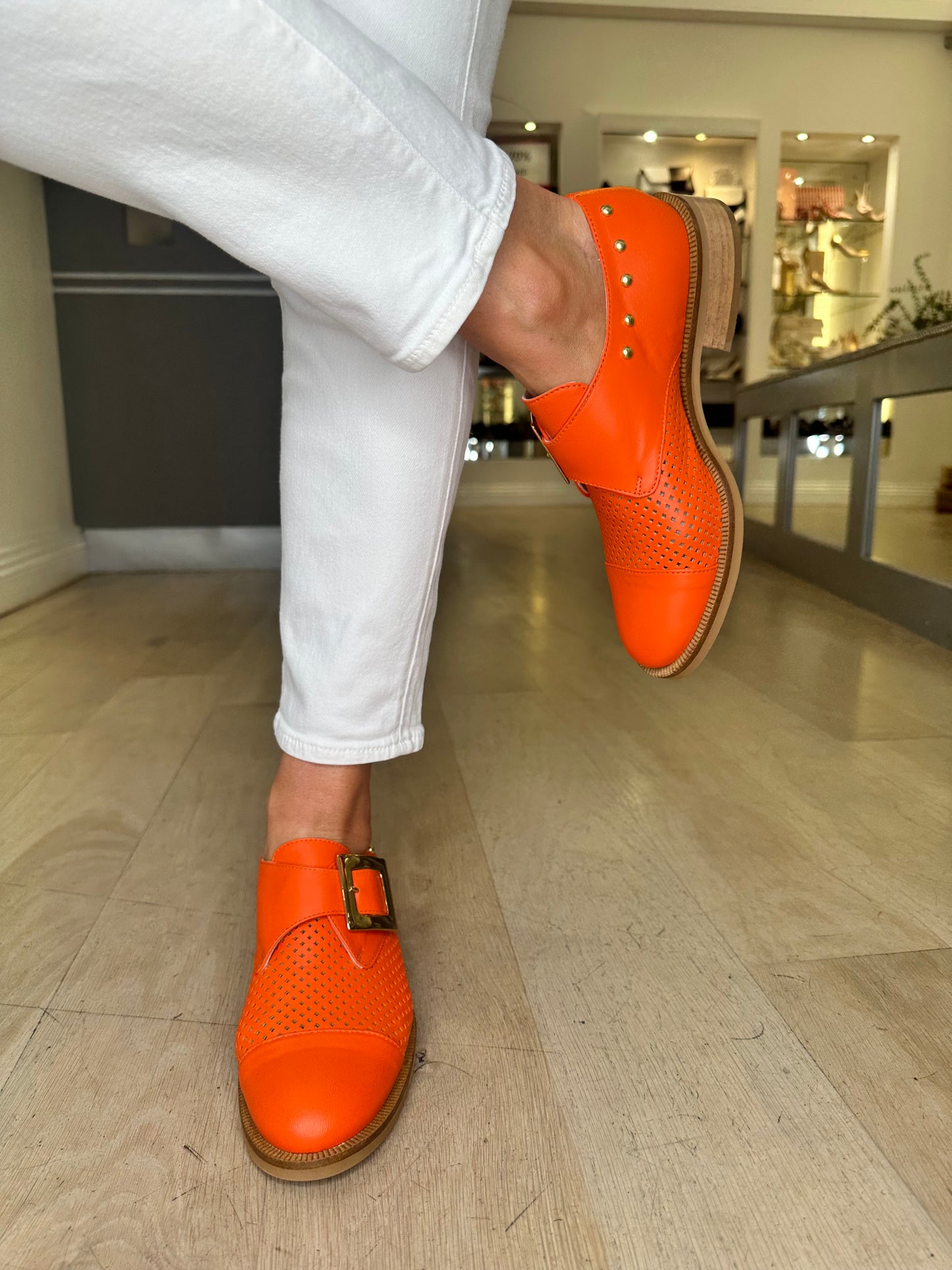 Marco Moreo - Orange Monk Strap Brogue With Gold Buckle & Gold Stud Trim